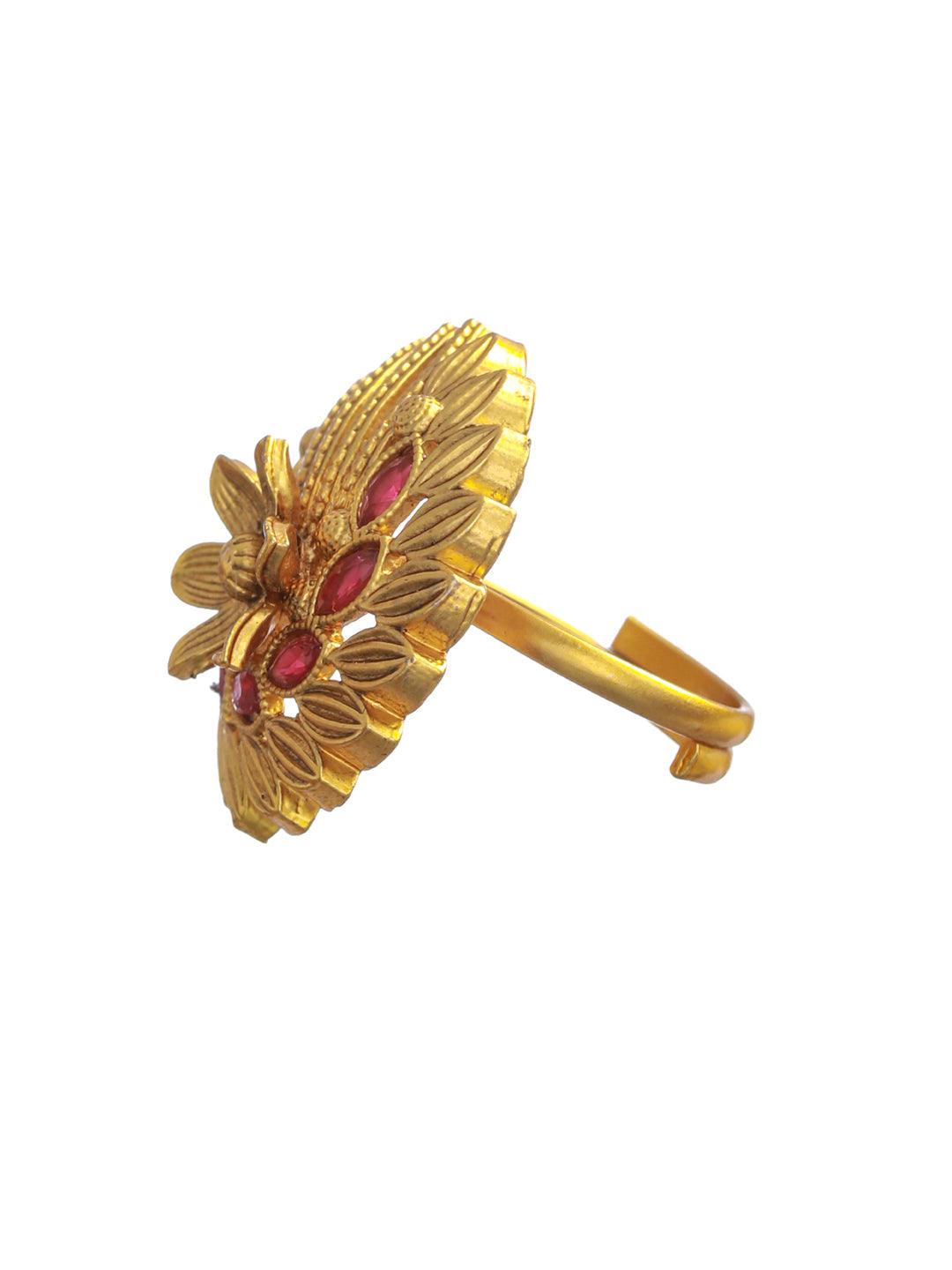 Women's Red Floral Gold Plated Ring - Priyaasi - Indiakreations