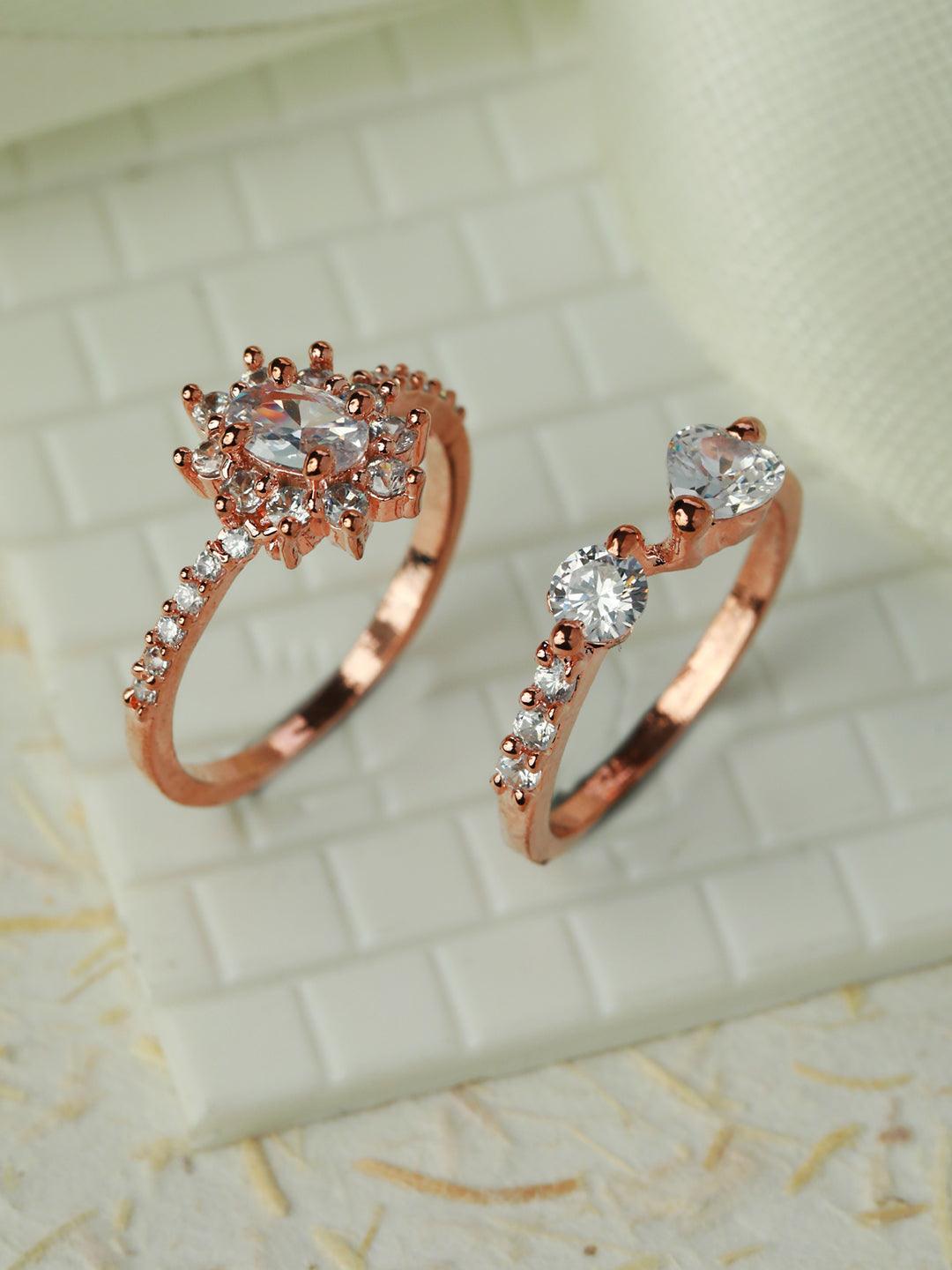 Women's Floral American Diamond Rose Gold Plated Ring Set of 2 - Priyaasi - Indiakreations