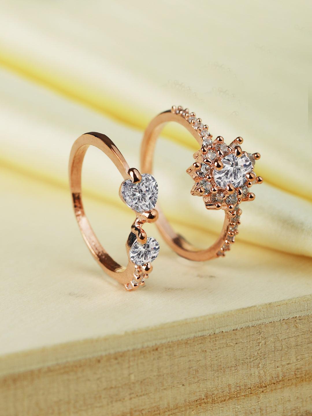 Women's Floral American Diamond Rose Gold Plated Ring Set of 2 - Priyaasi - Indiakreations