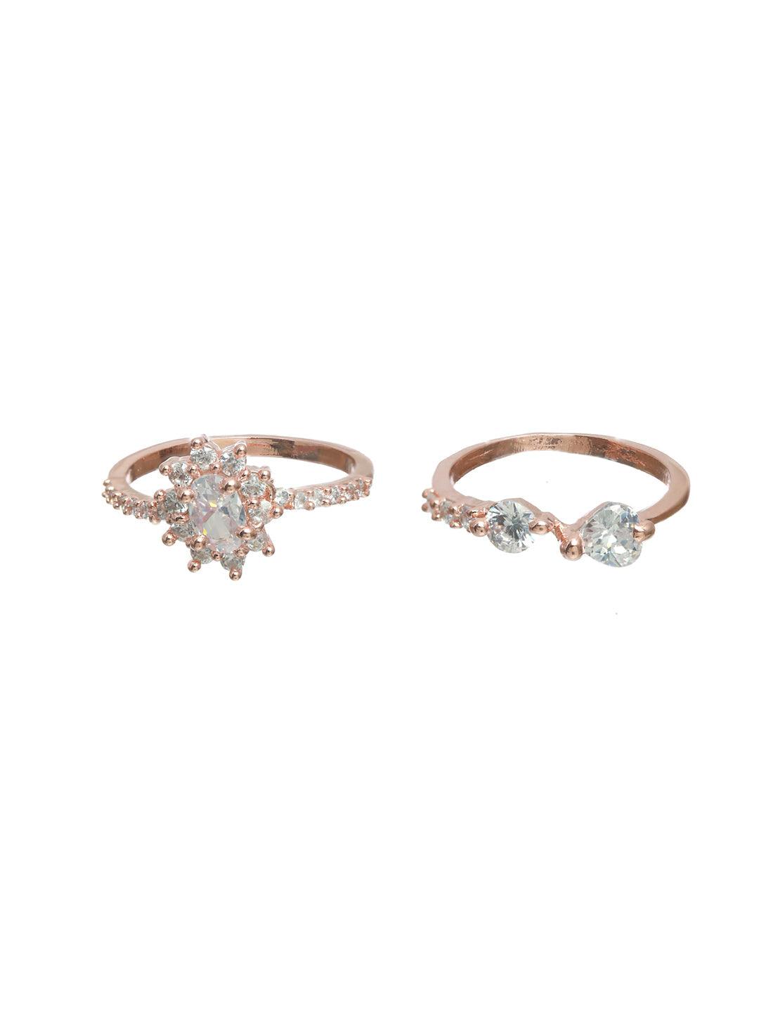 Women's Floral American Diamond Rose Gold Plated Ring Set of 2 - Priyaasi - Indiakreations