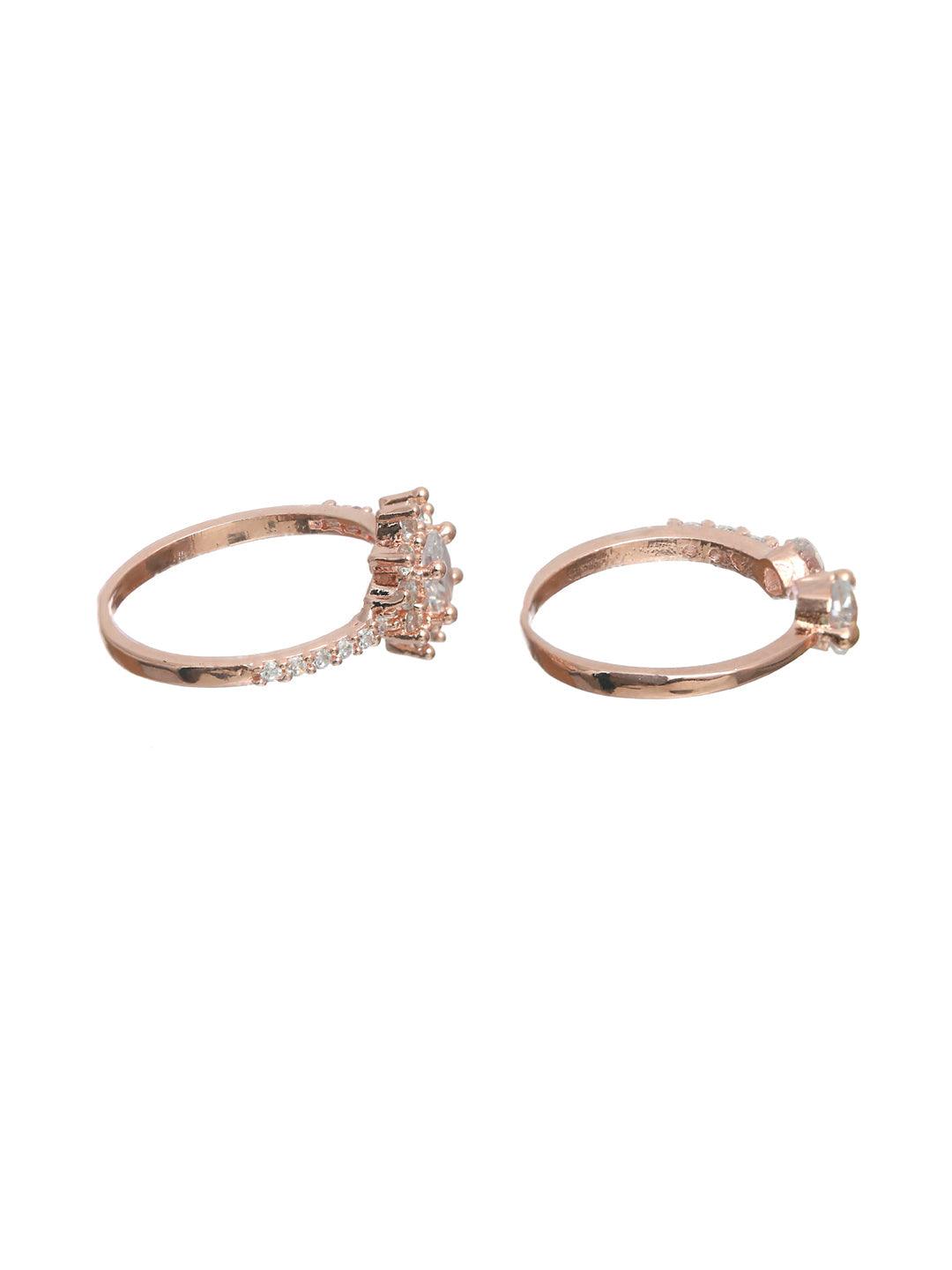 Women's Floral American Diamond Rose Gold Plated Ring Set of 2 - Priyaasi - Indiakreations