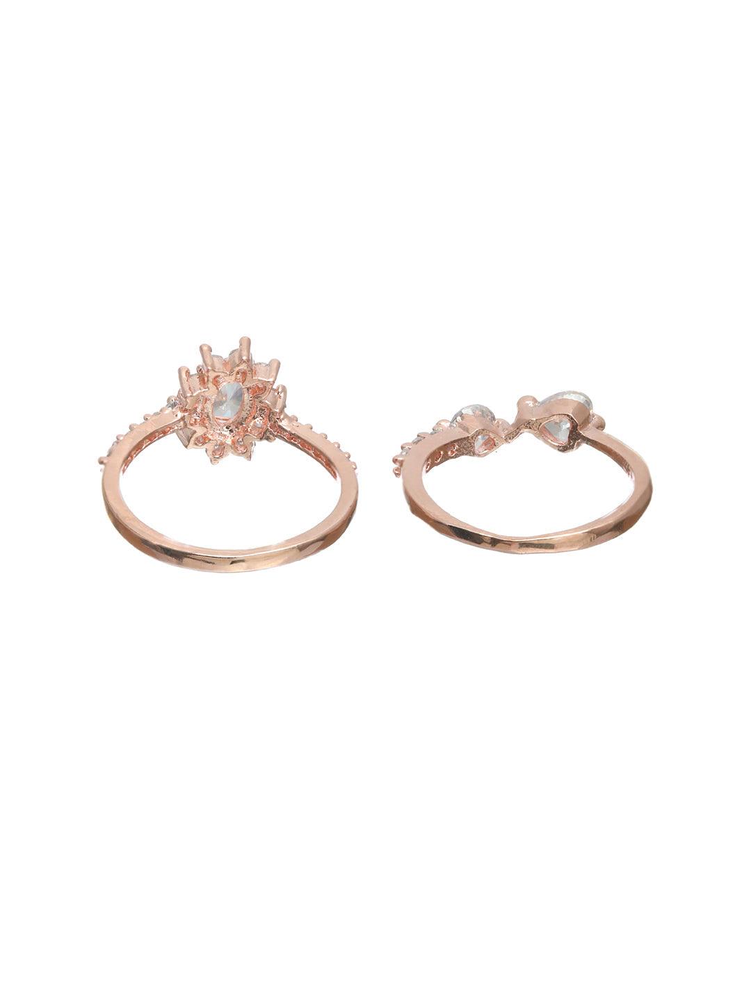 Women's Floral American Diamond Rose Gold Plated Ring Set of 2 - Priyaasi - Indiakreations