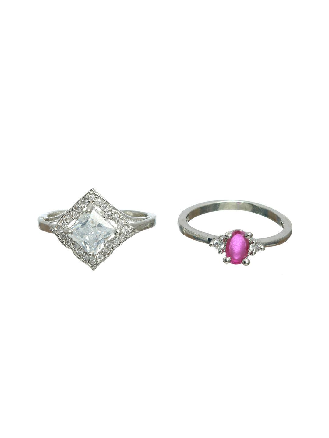 Women's Pink Studded Solitaire Silver Plated Ring Set of 2 - Priyaasi - Indiakreations