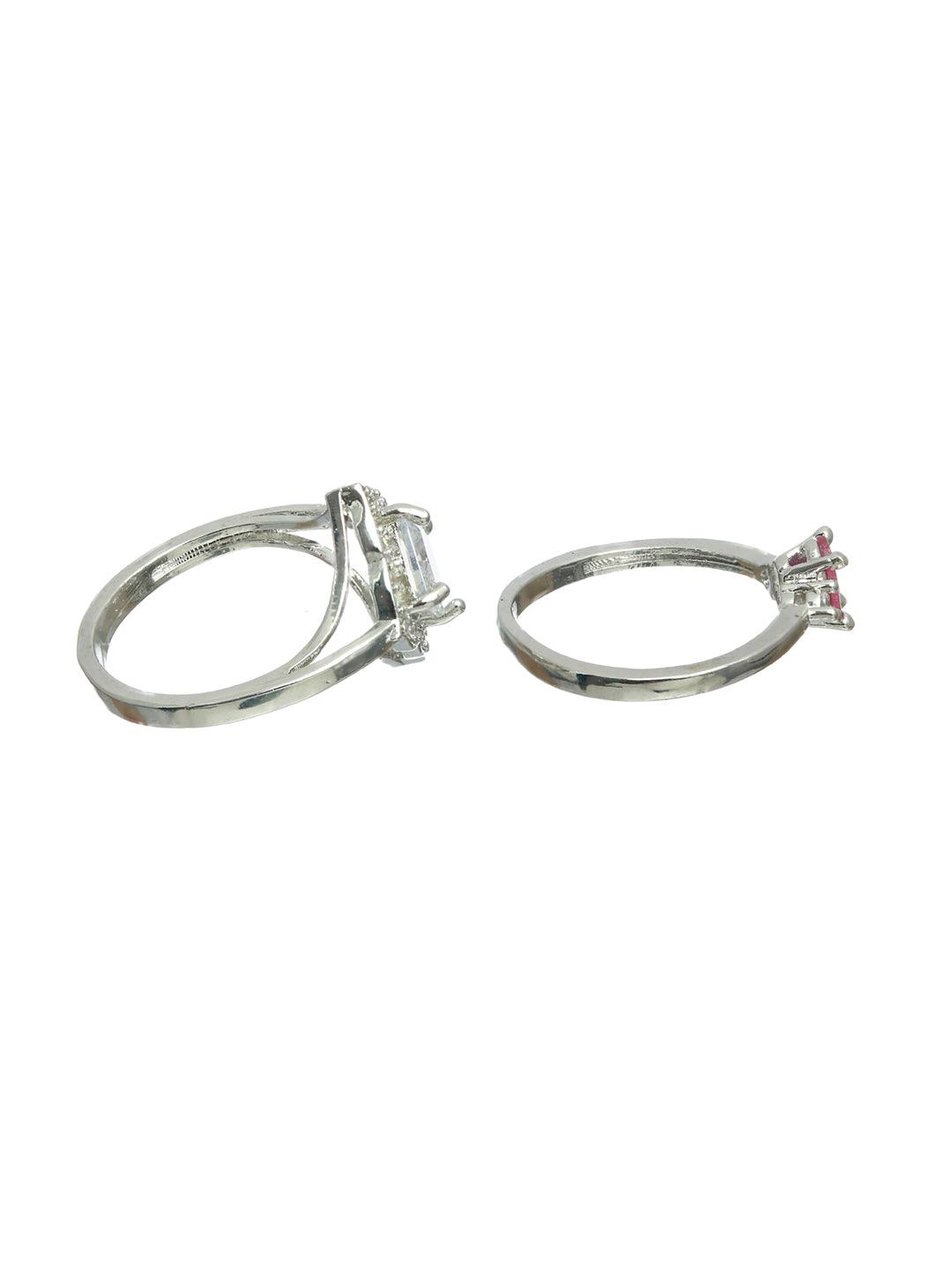 Women's Pink Studded Solitaire Silver Plated Ring Set of 2 - Priyaasi - Indiakreations