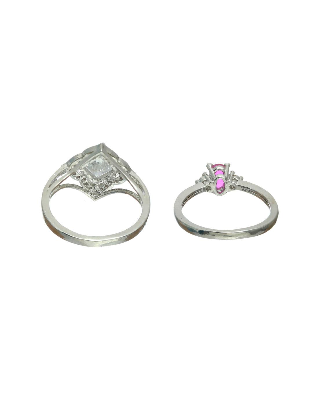 Women's Pink Studded Solitaire Silver Plated Ring Set of 2 - Priyaasi - Indiakreations