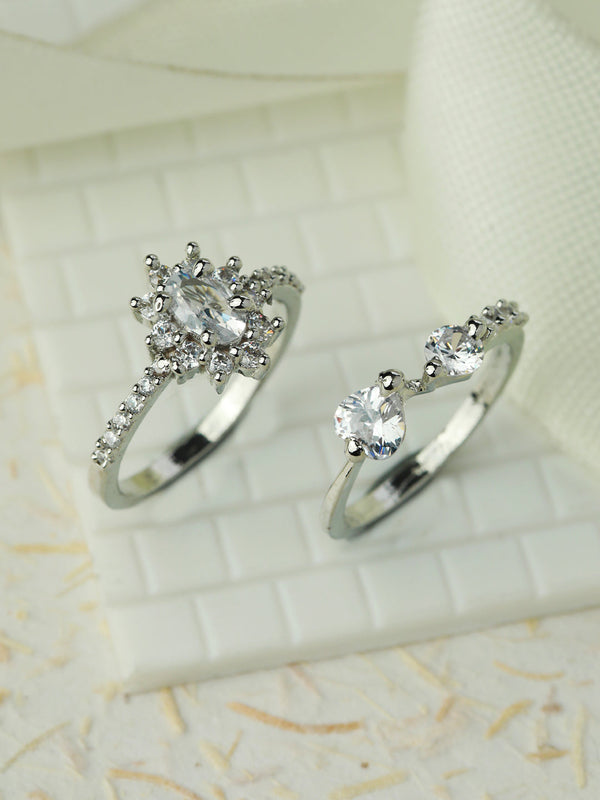 Women's Floral American Diamond Silver Plated Ring Set of 2 - Priyaasi