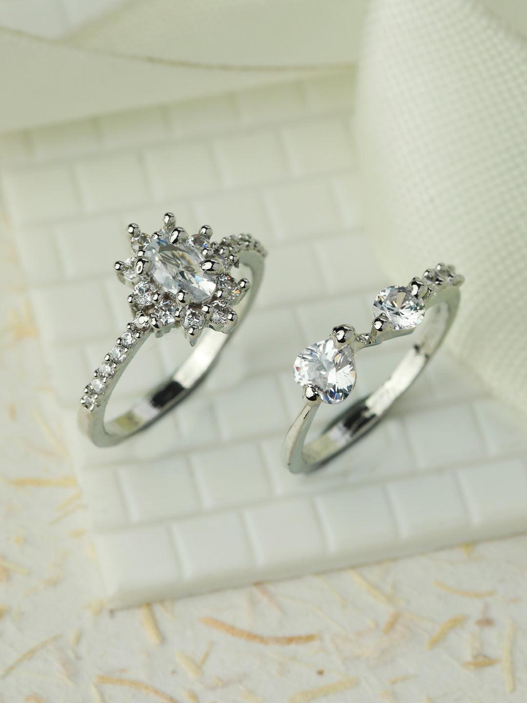 Women's Floral American Diamond Silver Plated Ring Set of 2 - Priyaasi - Indiakreations