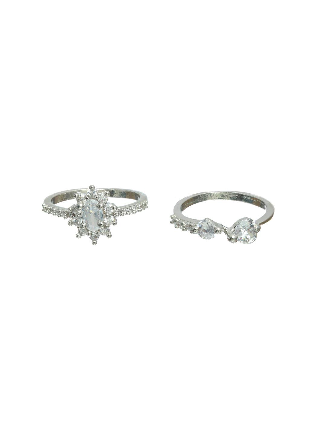 Women's Floral American Diamond Silver Plated Ring Set of 2 - Priyaasi - Indiakreations