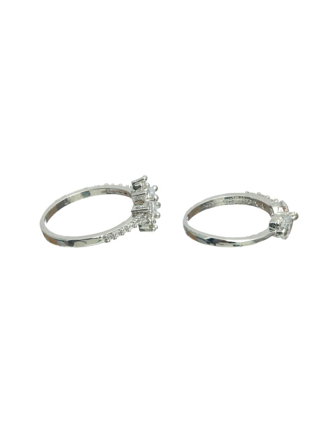 Women's Floral American Diamond Silver Plated Ring Set of 2 - Priyaasi - Indiakreations