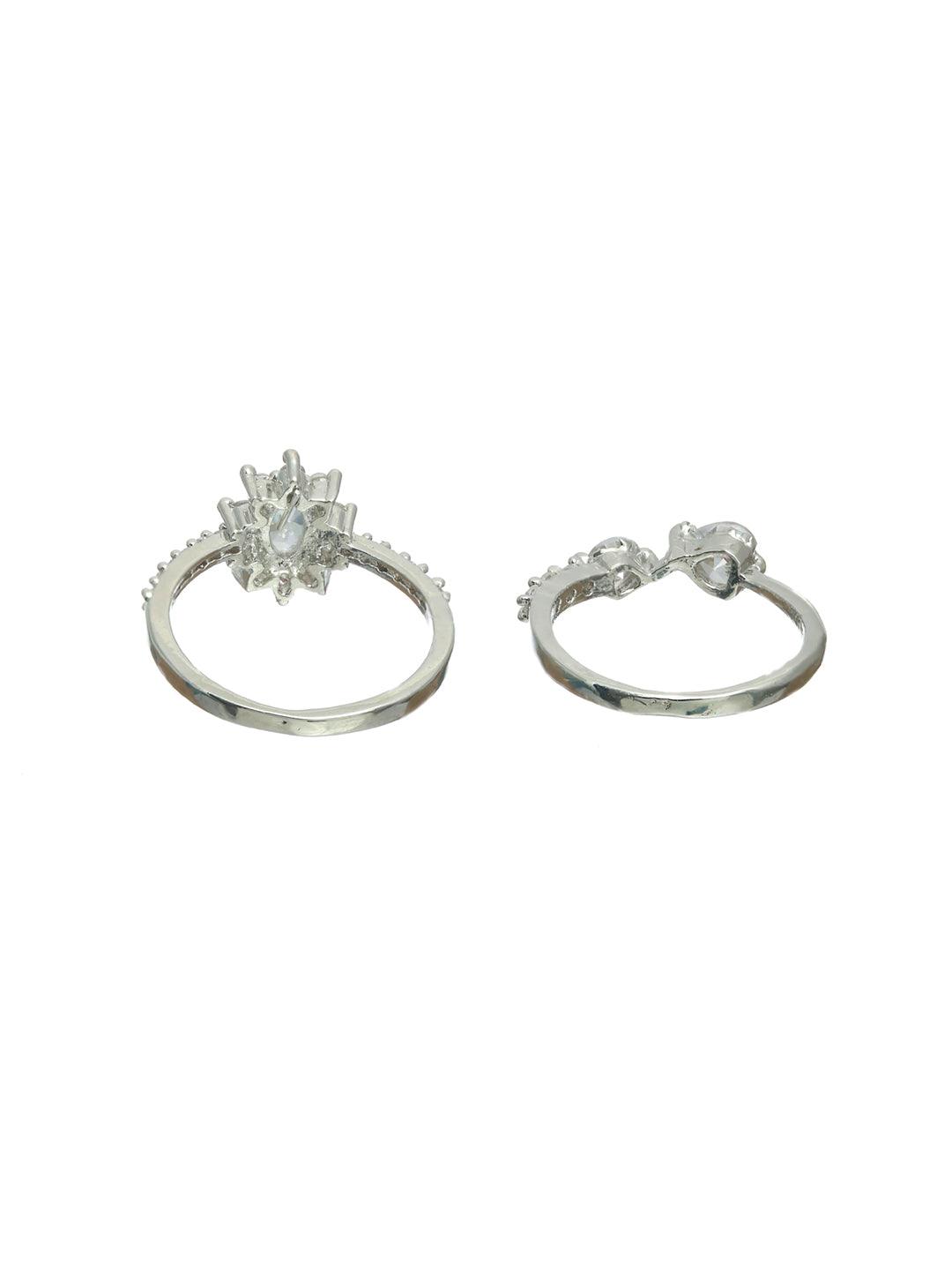 Women's Floral American Diamond Silver Plated Ring Set of 2 - Priyaasi - Indiakreations