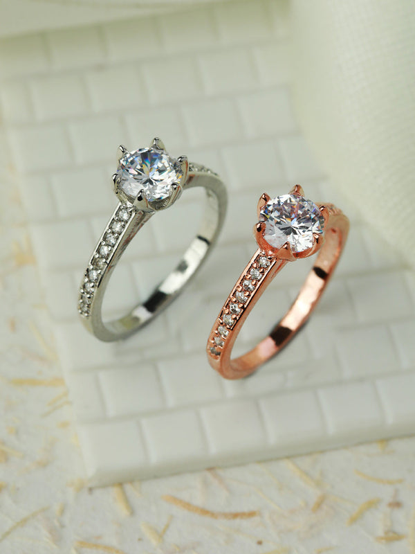 Women's Solitaire Silver Rose Gold Plated Ring Set of 2 - Priyaasi