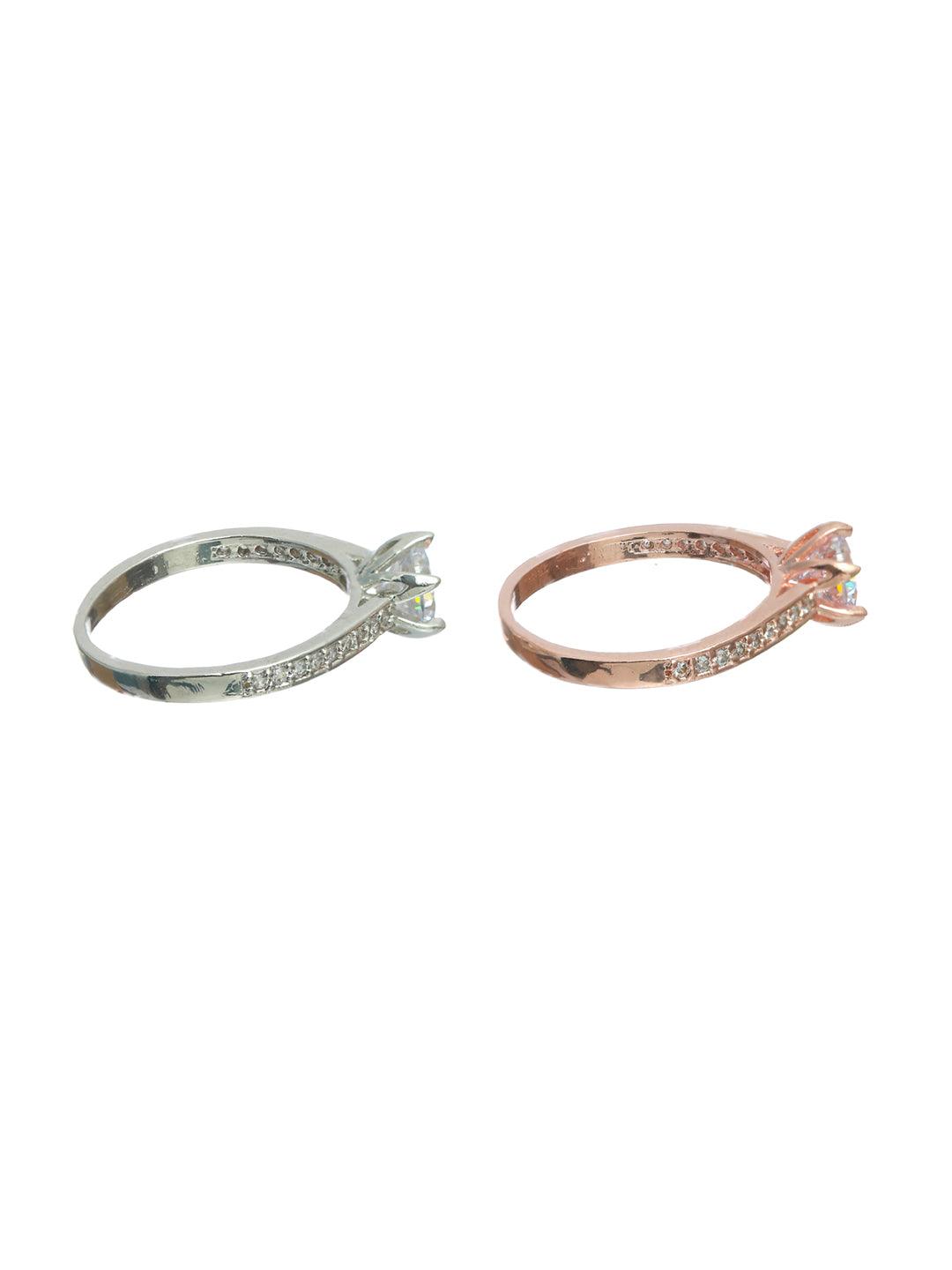 Women's Solitaire Silver Rose Gold Plated Ring Set of 2 - Priyaasi - Indiakreations