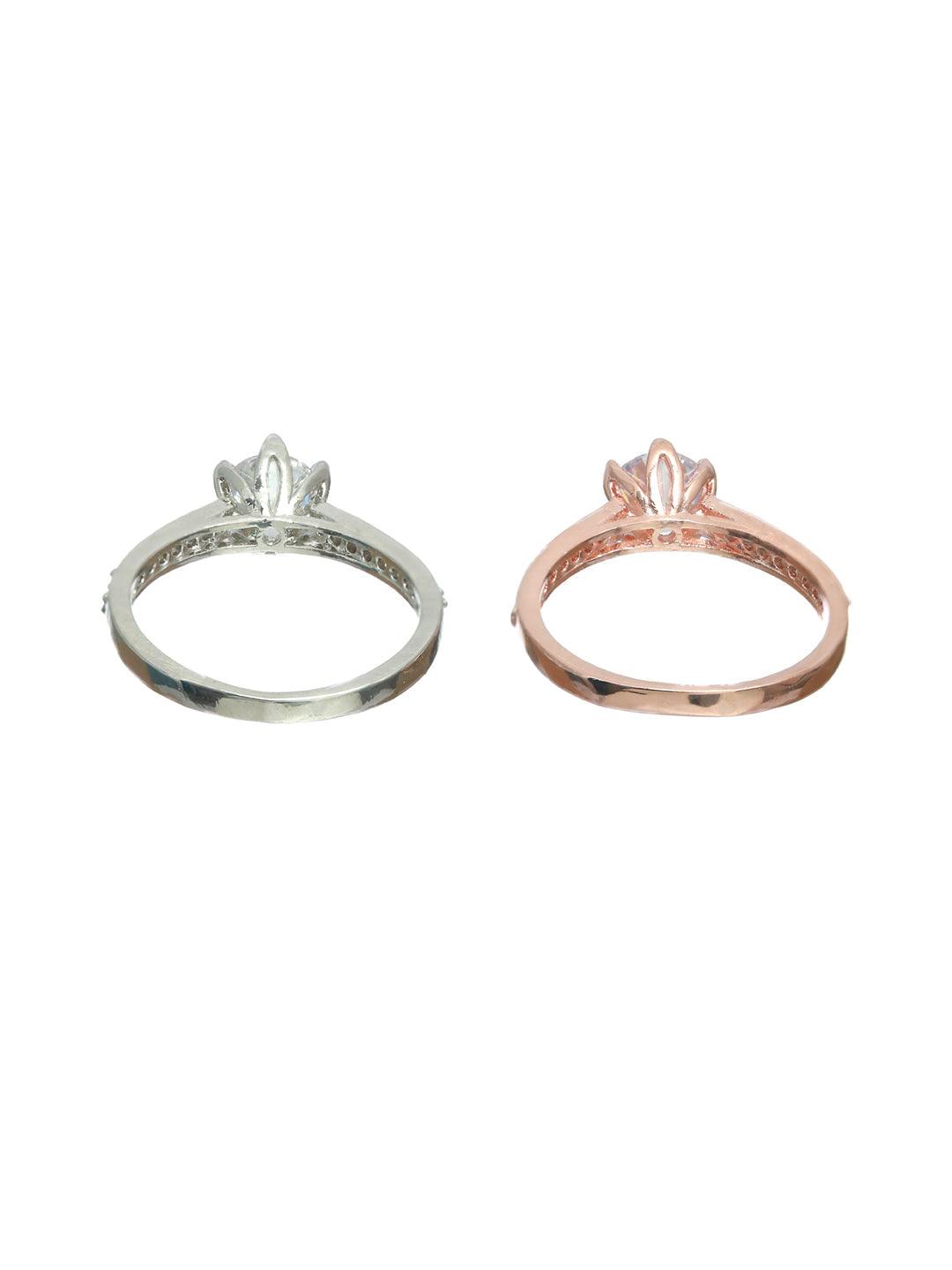 Women's Solitaire Silver Rose Gold Plated Ring Set of 2 - Priyaasi - Indiakreations