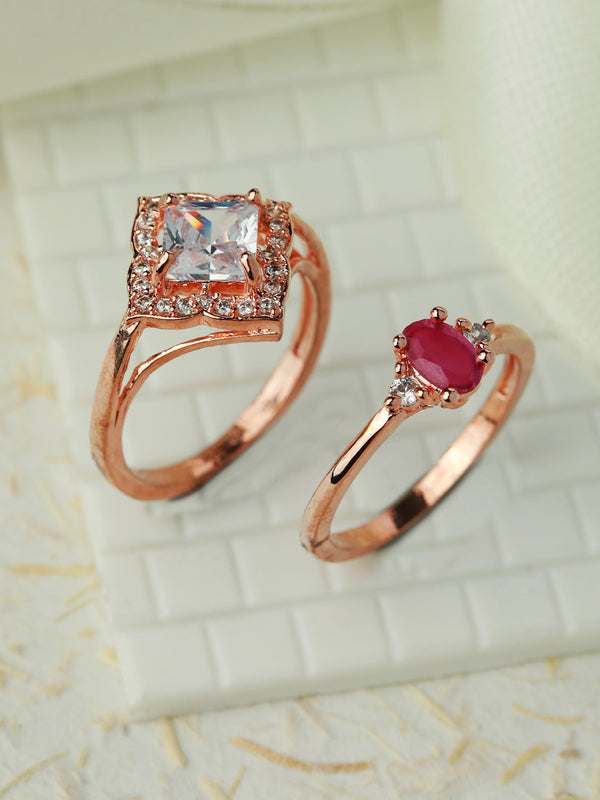 Women's Pink Solitaire Rose Gold Plated Ring Set of 2 - Priyaasi