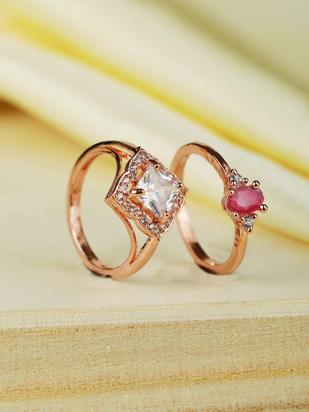 Women's Pink Solitaire Rose Gold Plated Ring Set of 2 - Priyaasi - Indiakreations