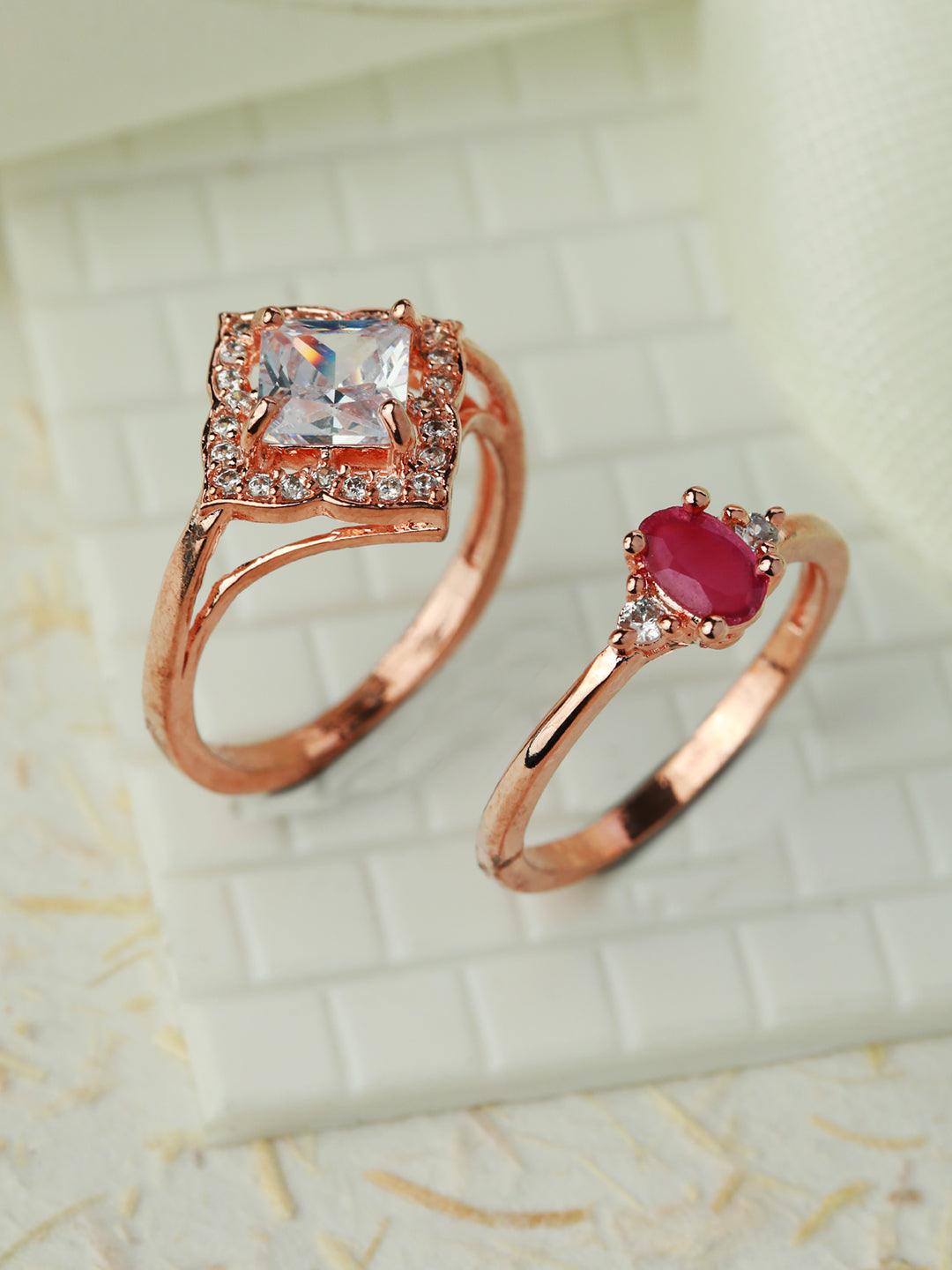 Women's Pink Solitaire Rose Gold Plated Ring Set of 2 - Priyaasi - Indiakreations