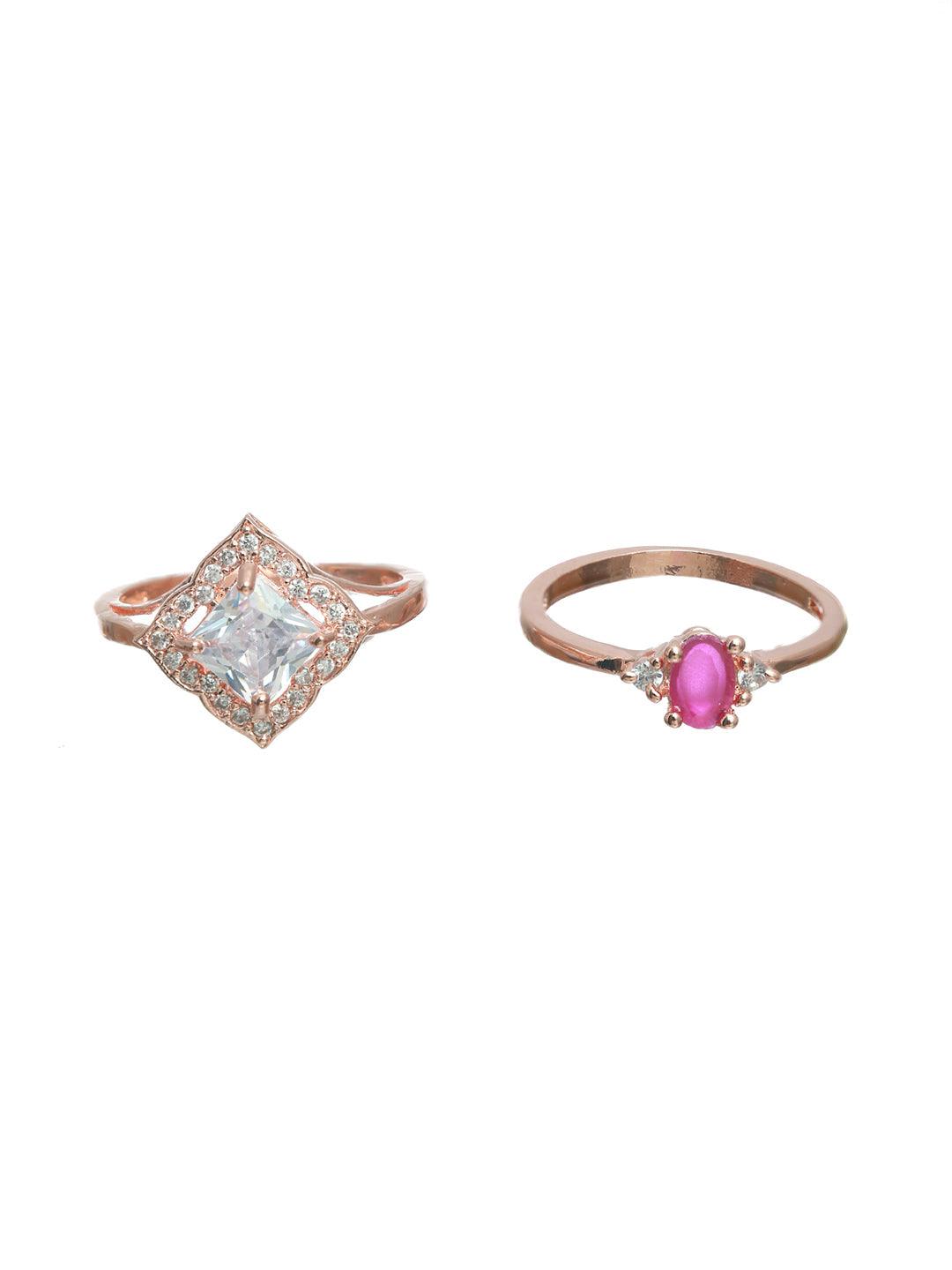 Women's Pink Solitaire Rose Gold Plated Ring Set of 2 - Priyaasi - Indiakreations