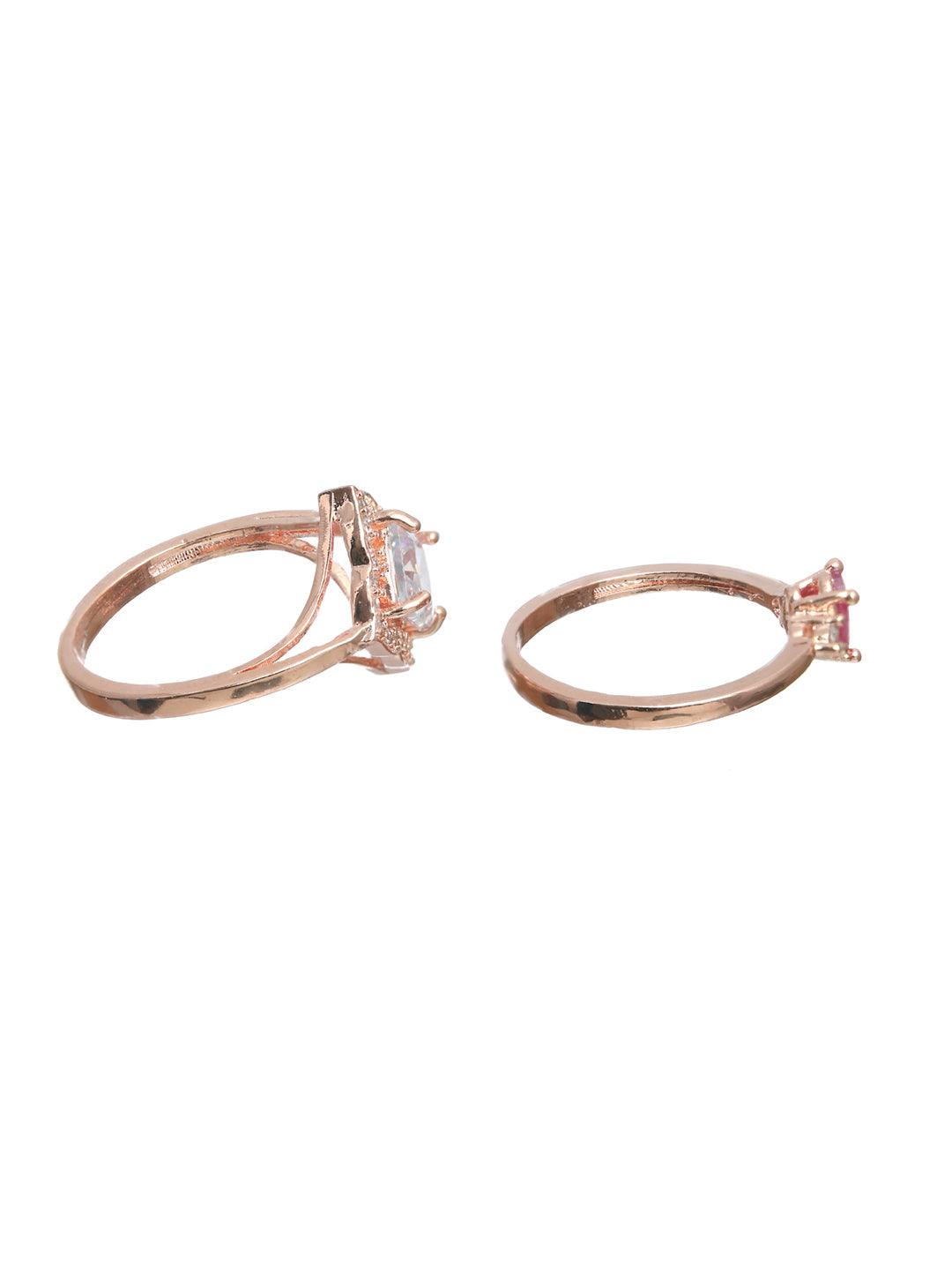 Women's Pink Solitaire Rose Gold Plated Ring Set of 2 - Priyaasi - Indiakreations