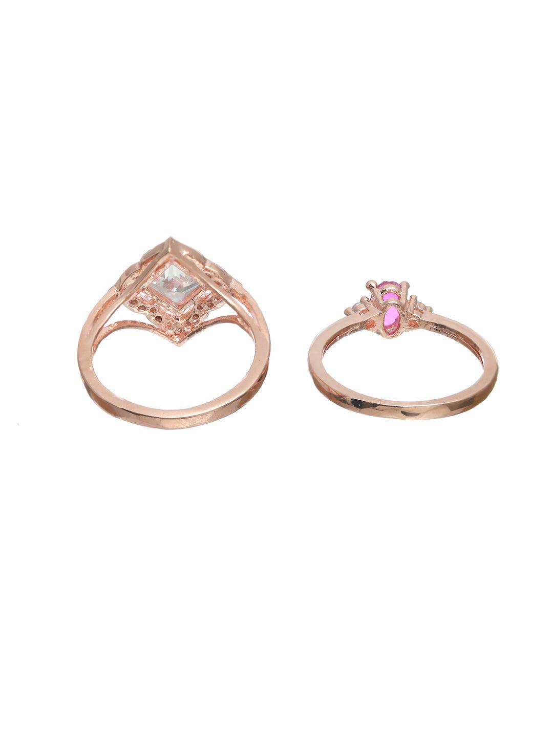 Women's Pink Solitaire Rose Gold Plated Ring Set of 2 - Priyaasi - Indiakreations