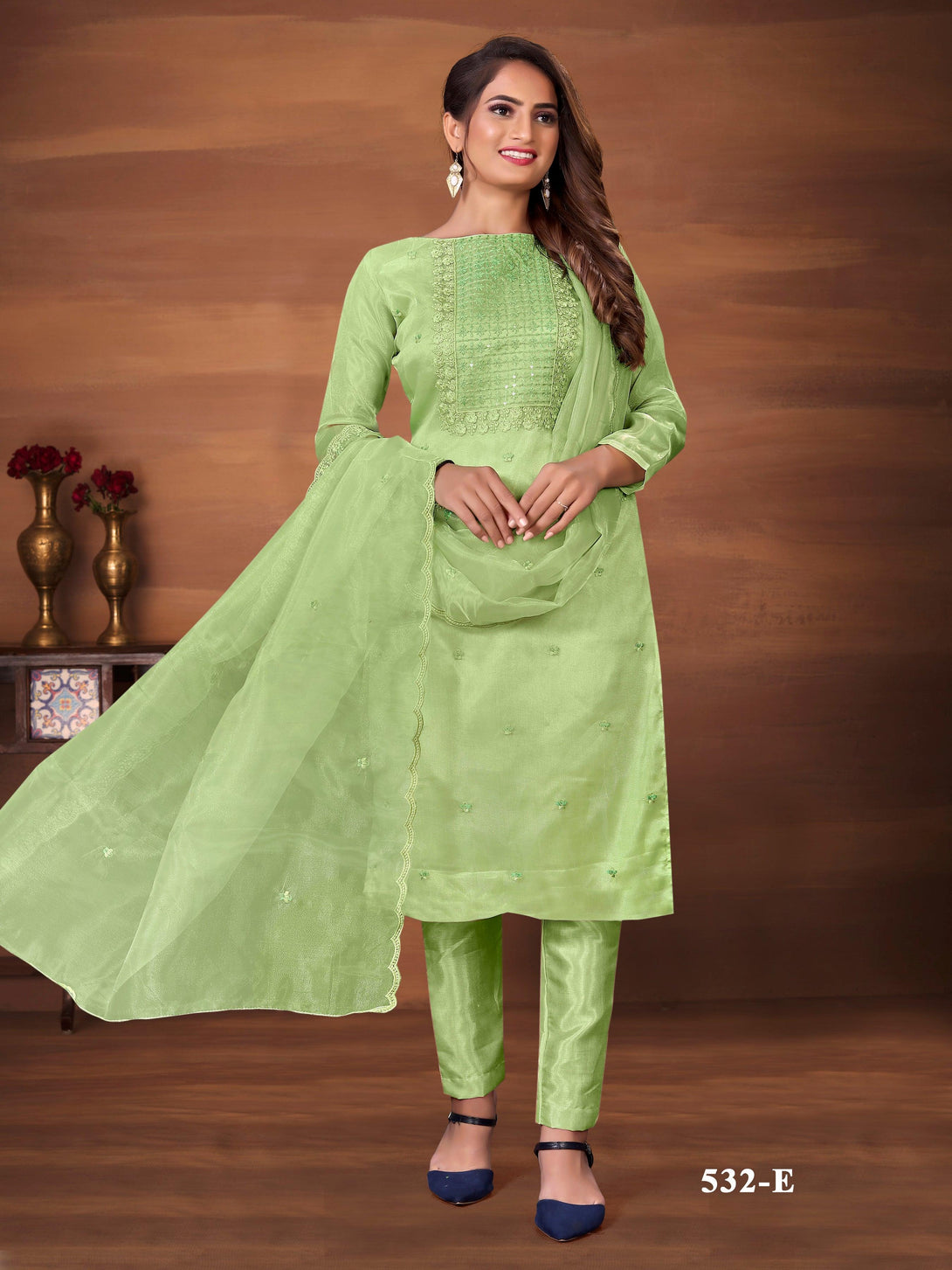 Women's Designer Pista Colour Semi Stitched Suit - Dwija Fashion - Indiakreations