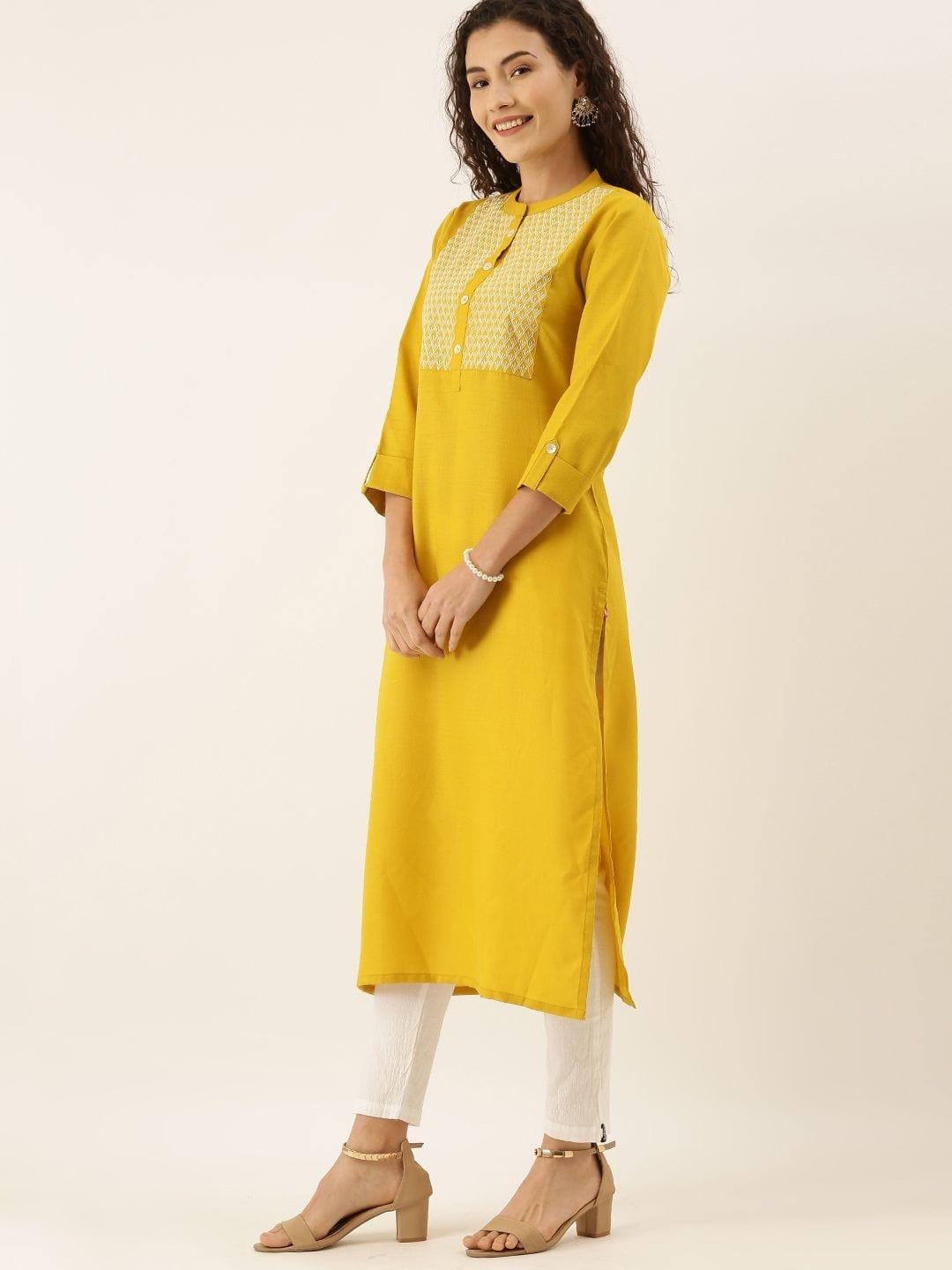 Women Mustard Yellow & White Yoke Design Straight Kurta - Indiakreations