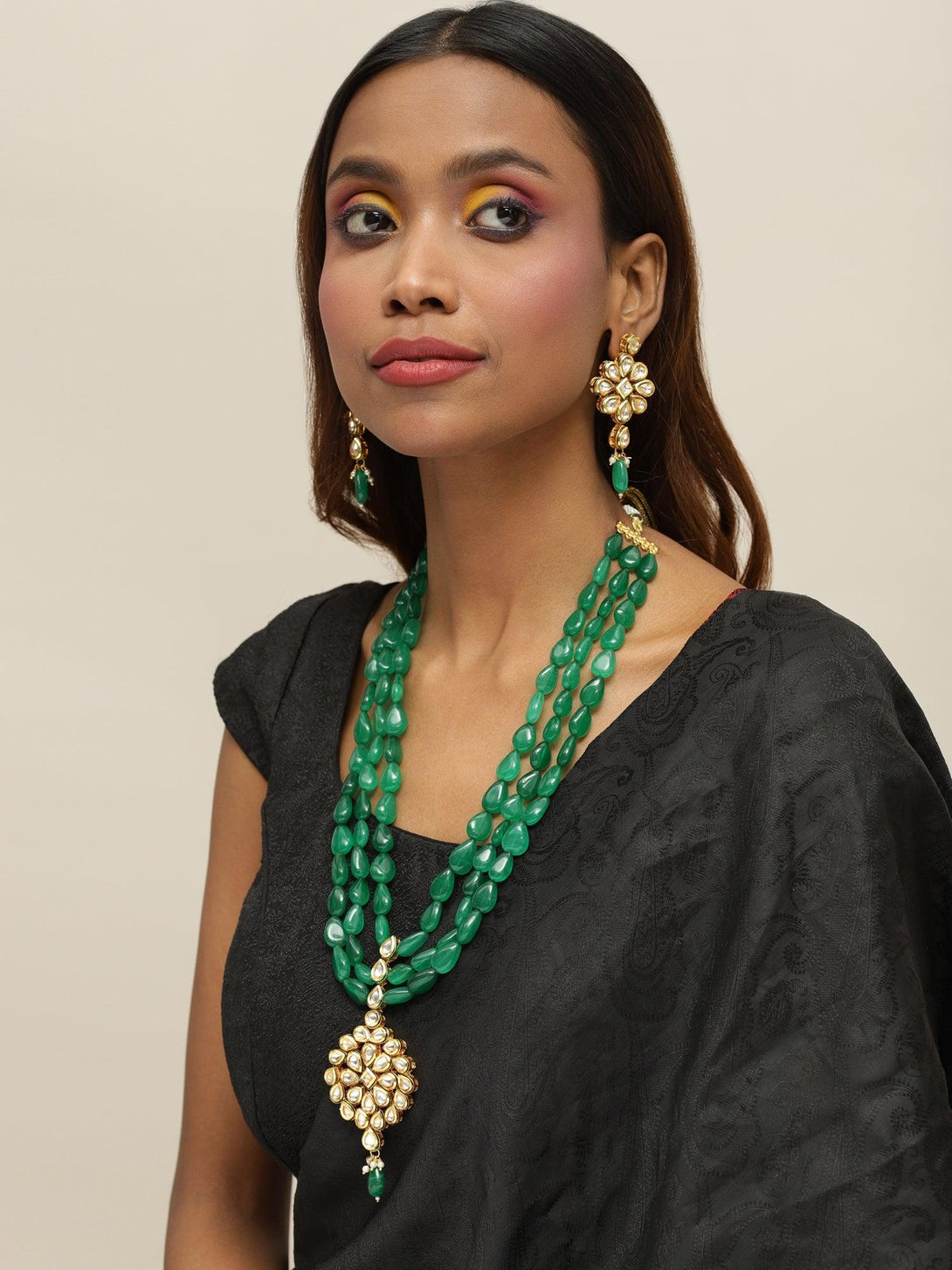 Women's Long Kundan Neckpiece With Earrings - Ruby Raang - Indiakreations