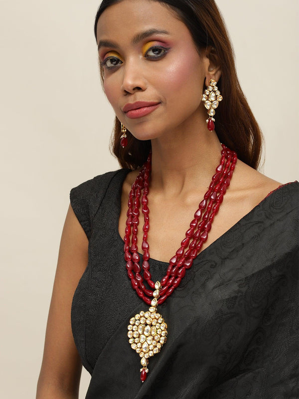 Women's Long Kundan Neckpiece With Earrings - Ruby Raang - Indiakreations