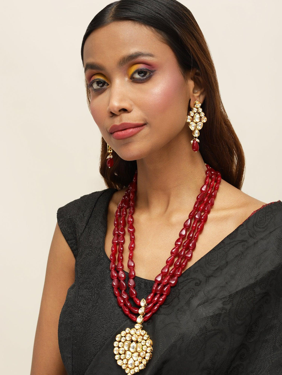 Women's Long Kundan Neckpiece With Earrings - Ruby Raang - Indiakreations