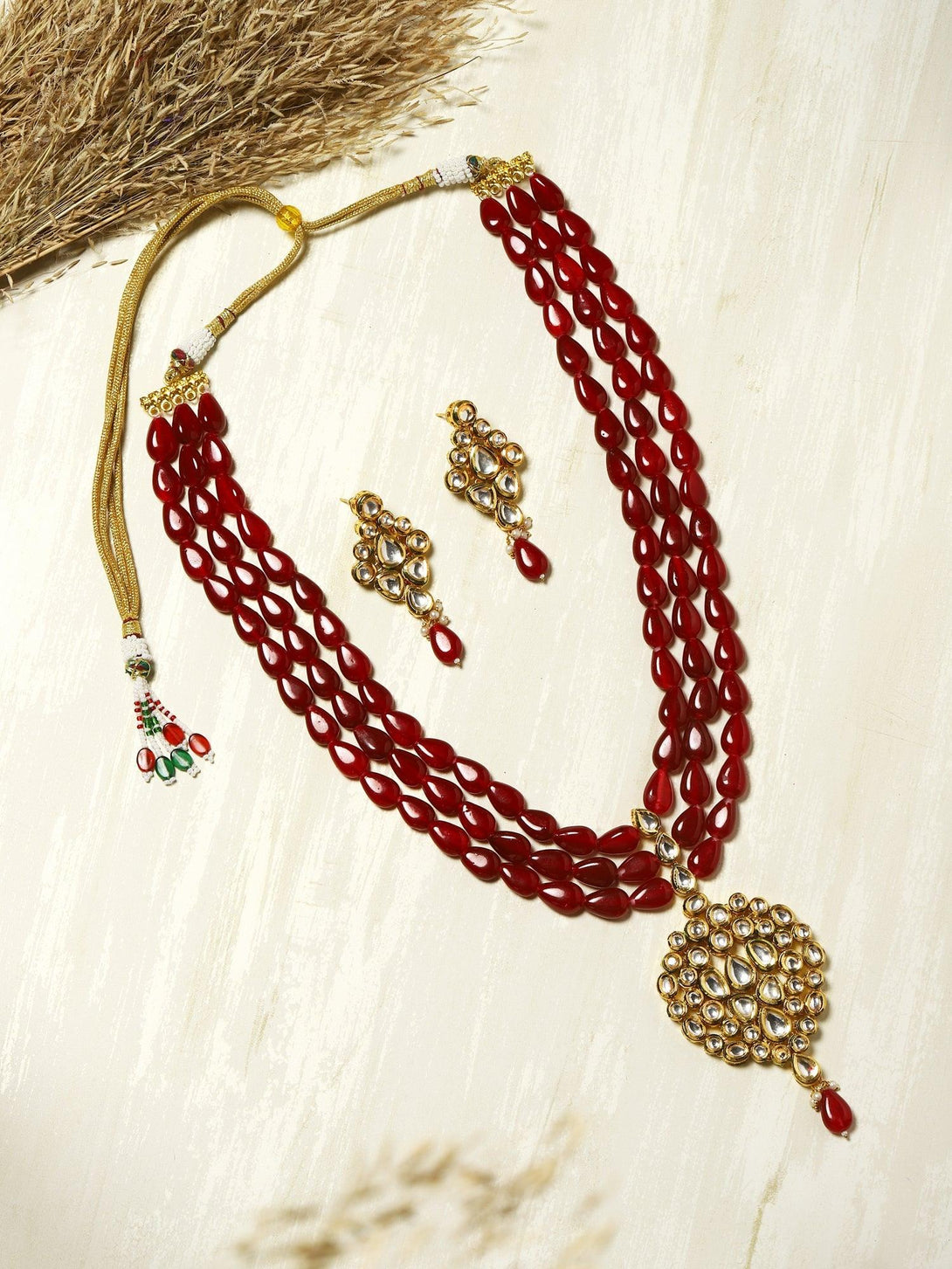 Women's Long Kundan Neckpiece With Earrings - Ruby Raang - Indiakreations