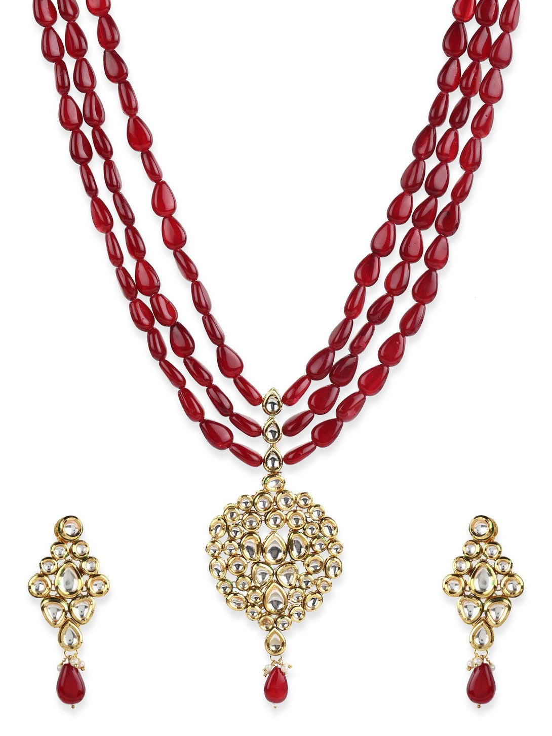 Women's Long Kundan Neckpiece With Earrings - Ruby Raang - Indiakreations