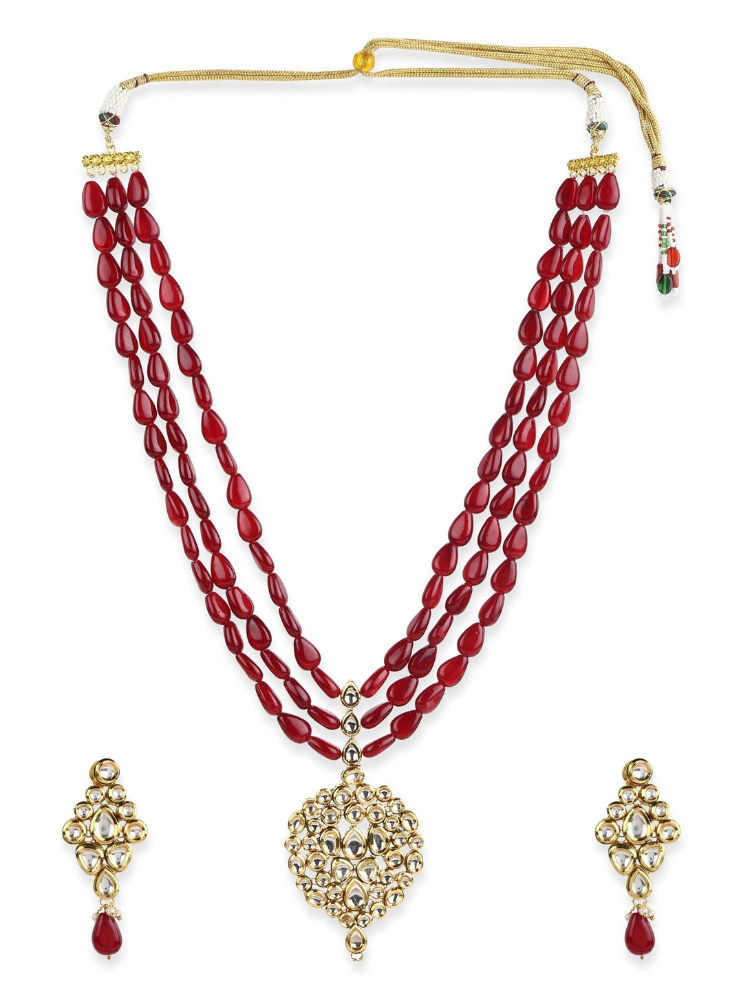 Women's Long Kundan Neckpiece With Earrings - Ruby Raang - Indiakreations