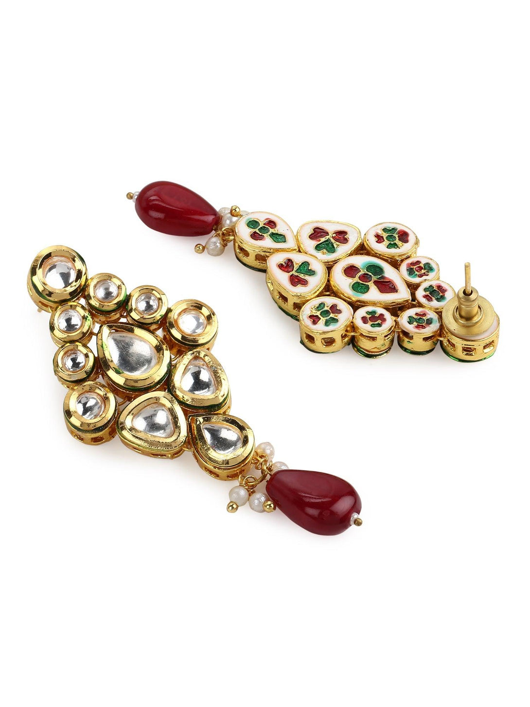 Women's Long Kundan Neckpiece With Earrings - Ruby Raang - Indiakreations