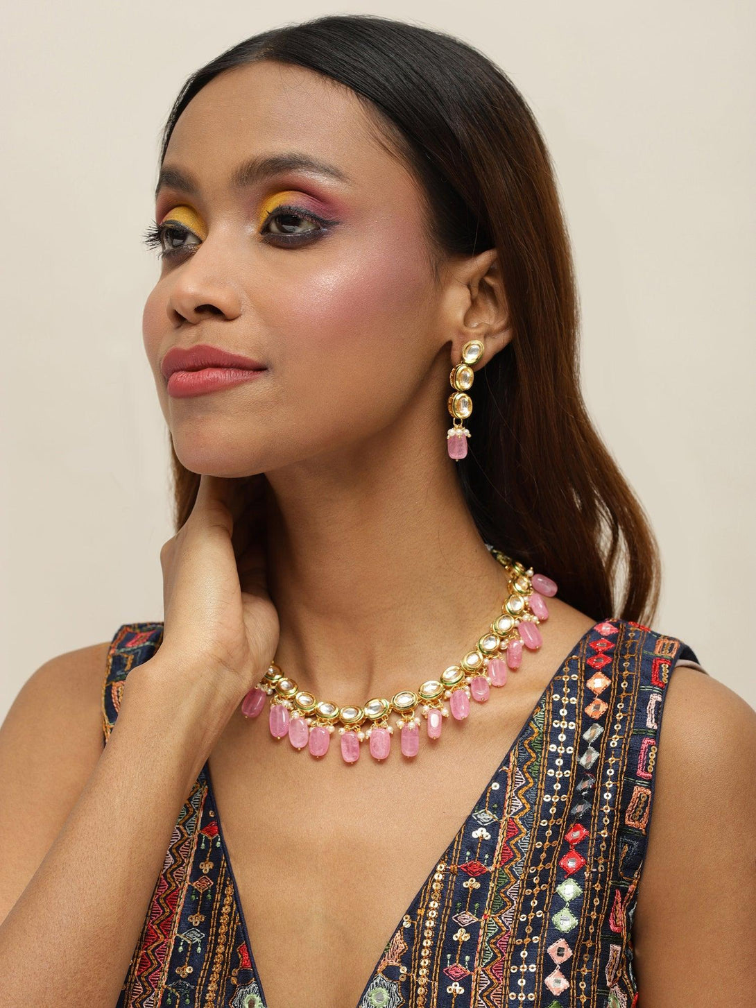 Women's Kundan Choker With Earrings - Ruby Raang - Indiakreations