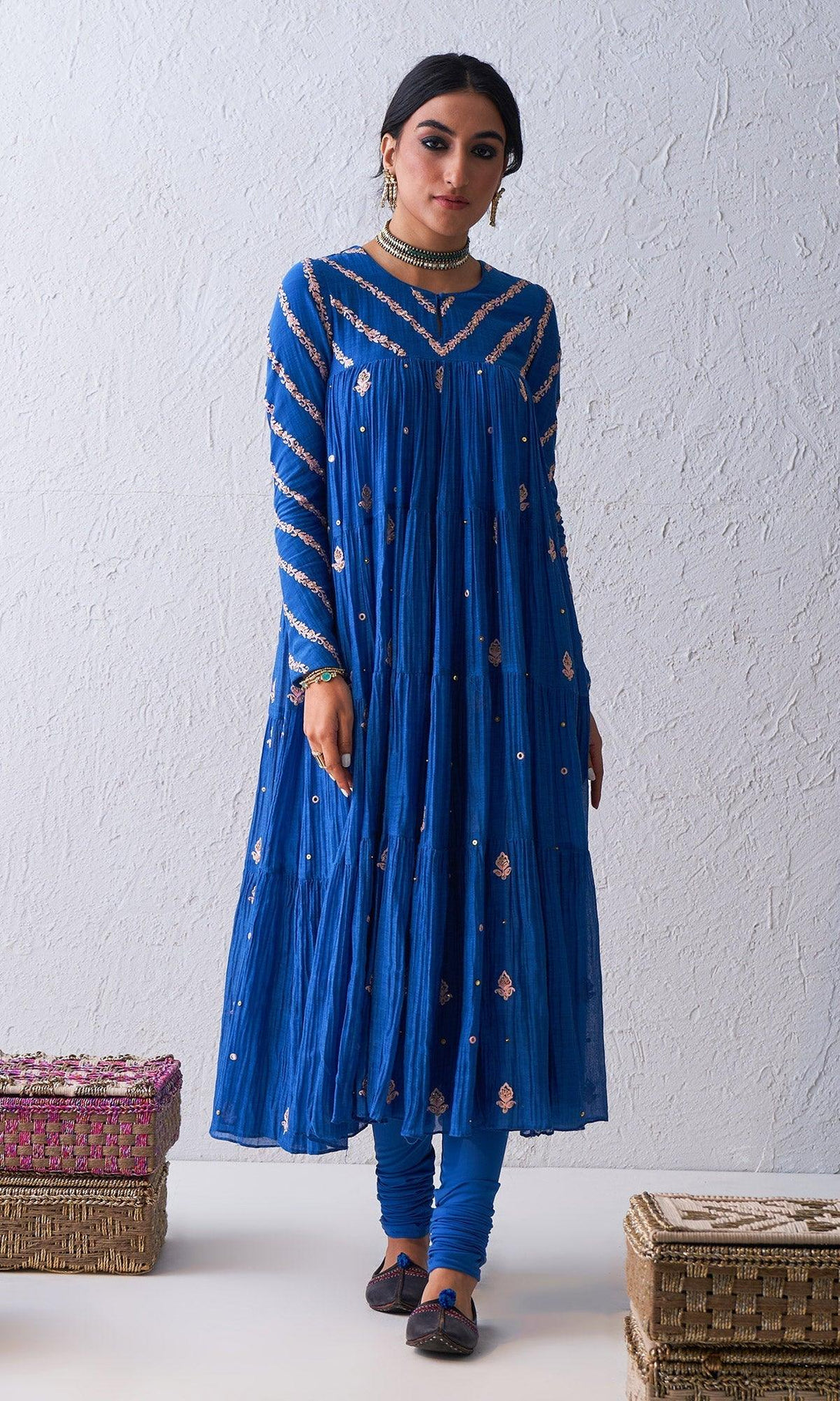 Qabila Blue Embroidered Tiered Anarkali Set - Set Of 3 RTS - Indiakreations