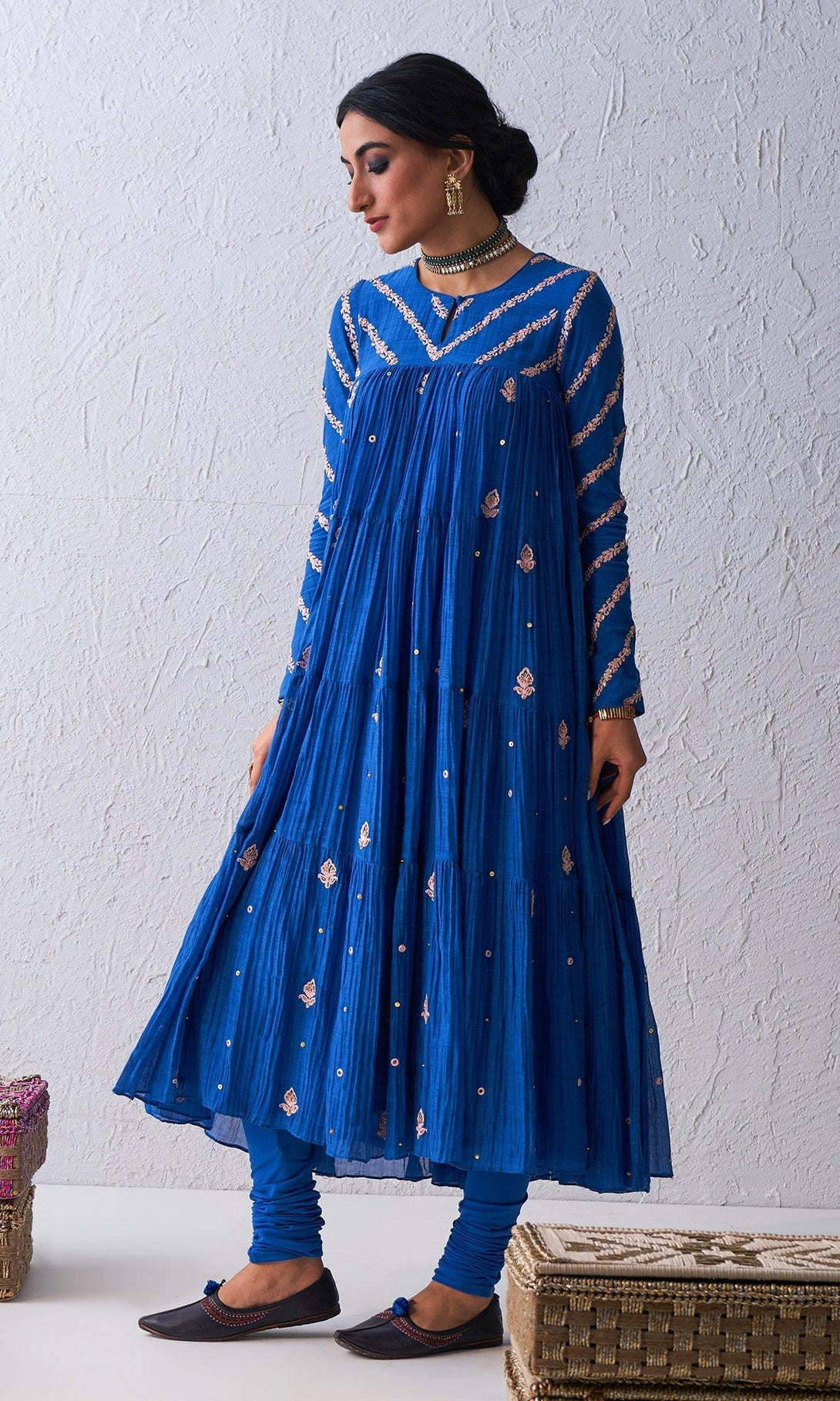 Qabila Blue Embroidered Tiered Anarkali Set - Set Of 3 RTS - Indiakreations