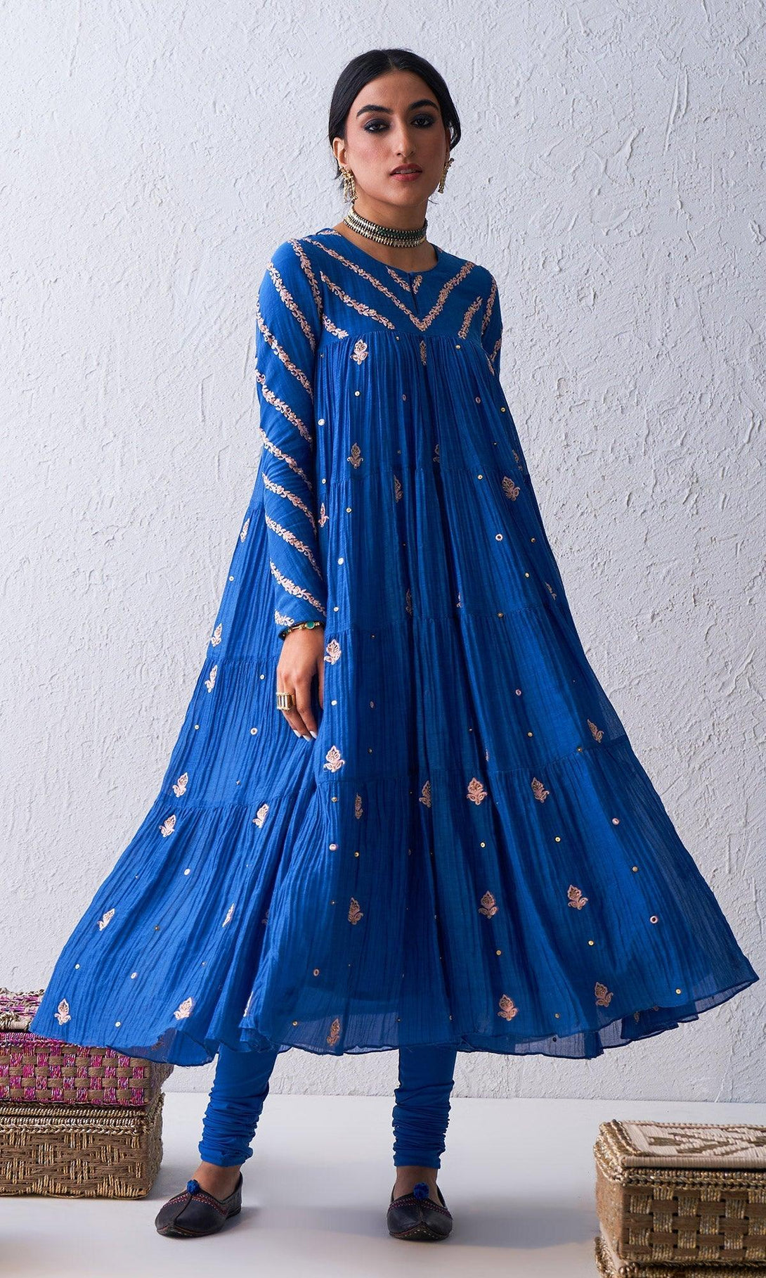 Qabila Blue Embroidered Tiered Anarkali Set - Set Of 3 RTS - Indiakreations