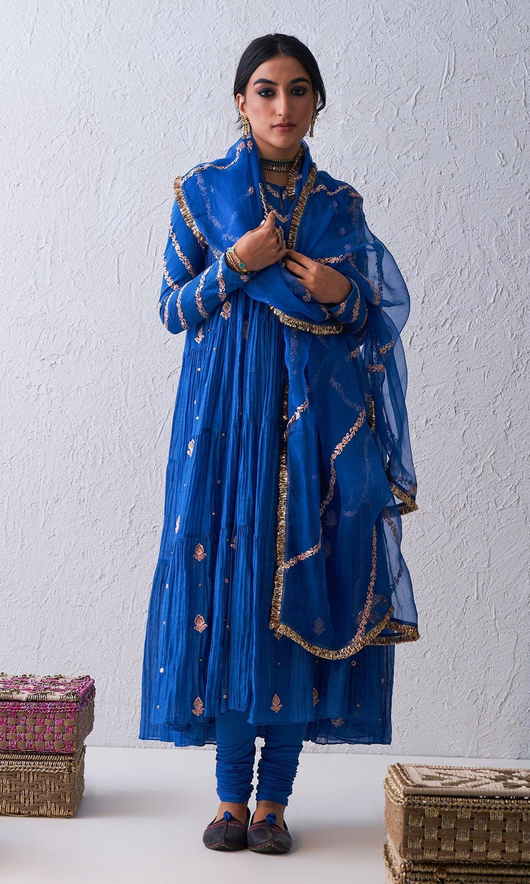 Qabila Blue Embroidered Tiered Anarkali Set - Set Of 3 RTS - Indiakreations