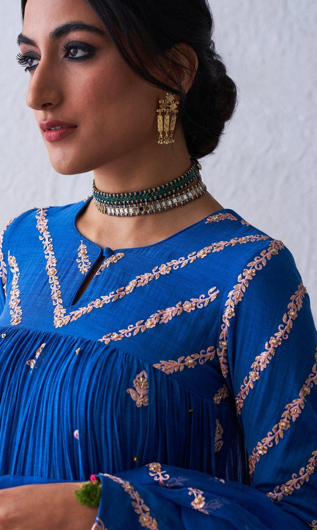 Qabila Blue Embroidered Tiered Anarkali Set - Set Of 3 RTS - Indiakreations