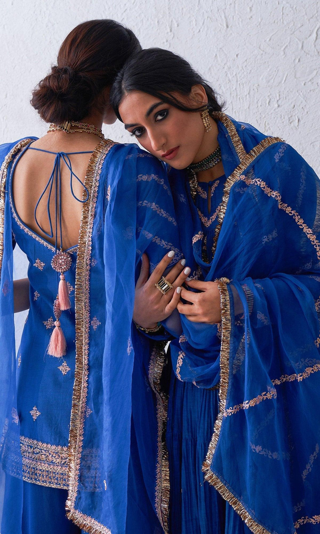 Qabila Blue Embroidered Tiered Anarkali Set - Set Of 3 RTS - Indiakreations