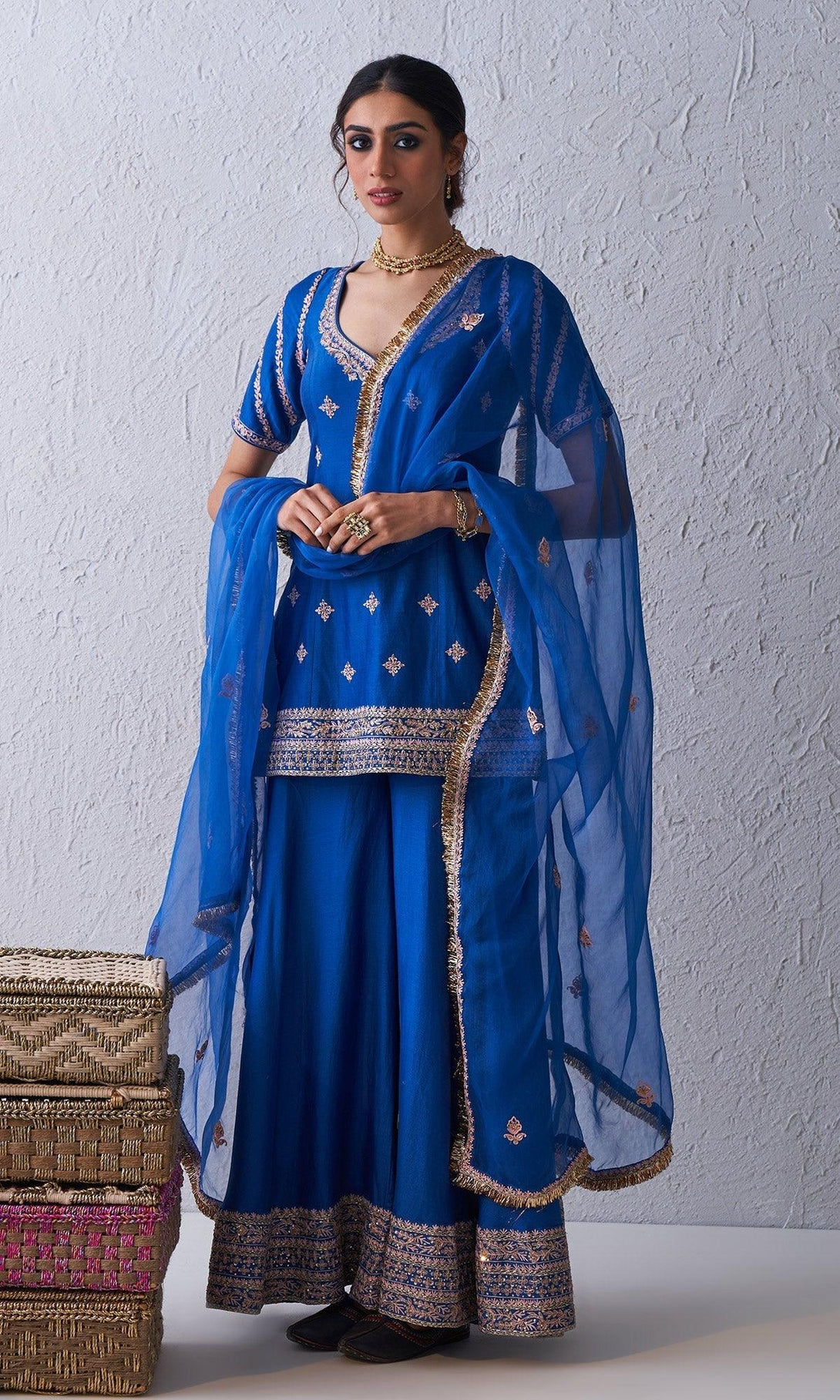 Qabila Blue Embroidered Sharara Set - Set Of 3 RTS - Indiakreations