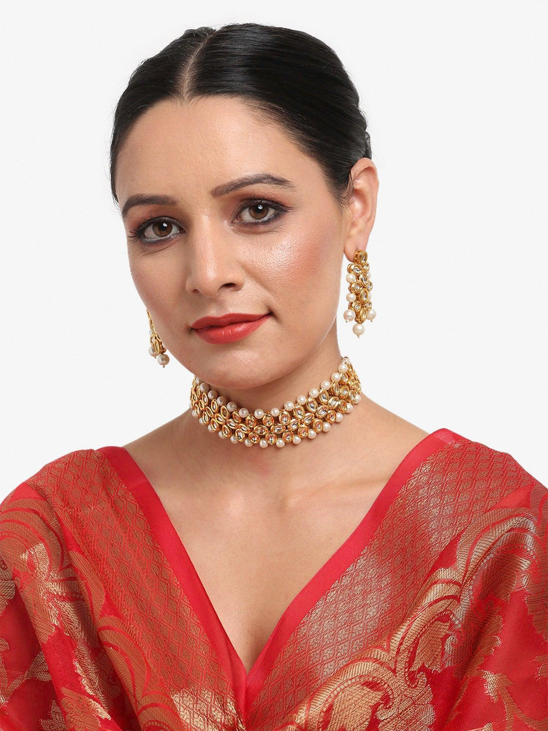 Women's Kundan Choker with Earrings - Ruby Raang - Indiakreations