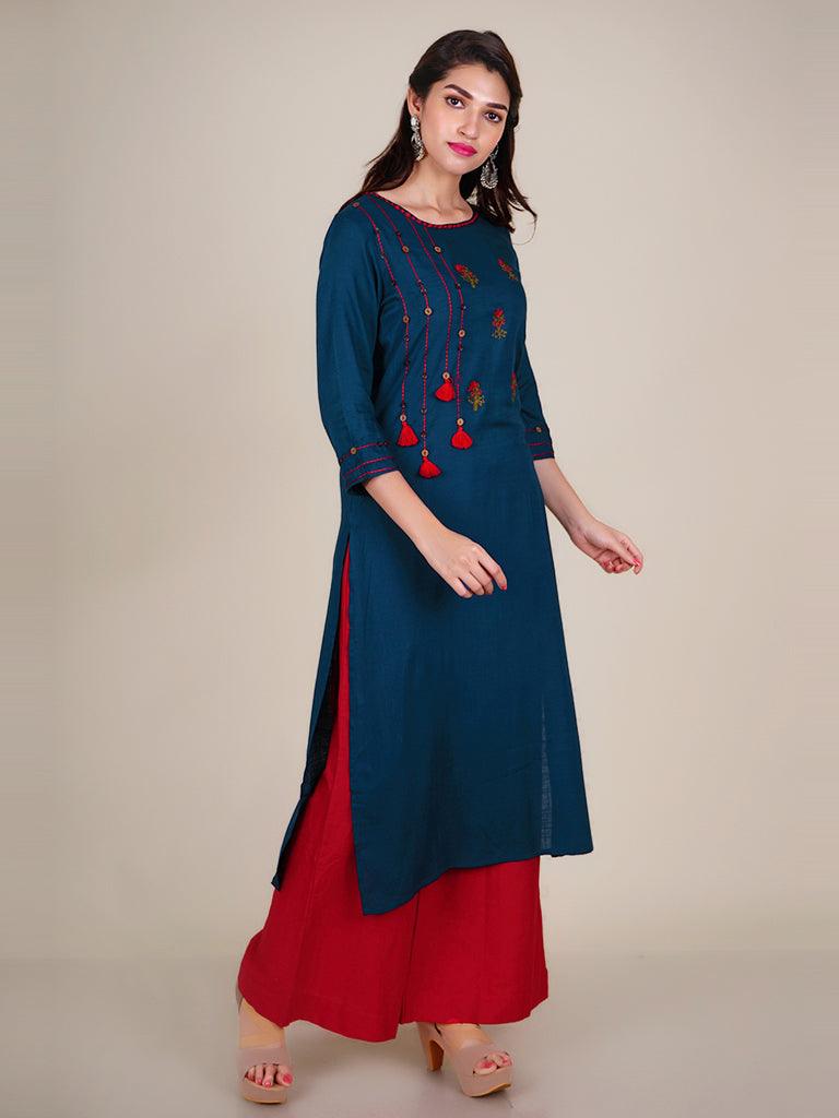 Tasselled Kurti embellished with Resham Work, Metal & Wooden Buttons - Indiakreations