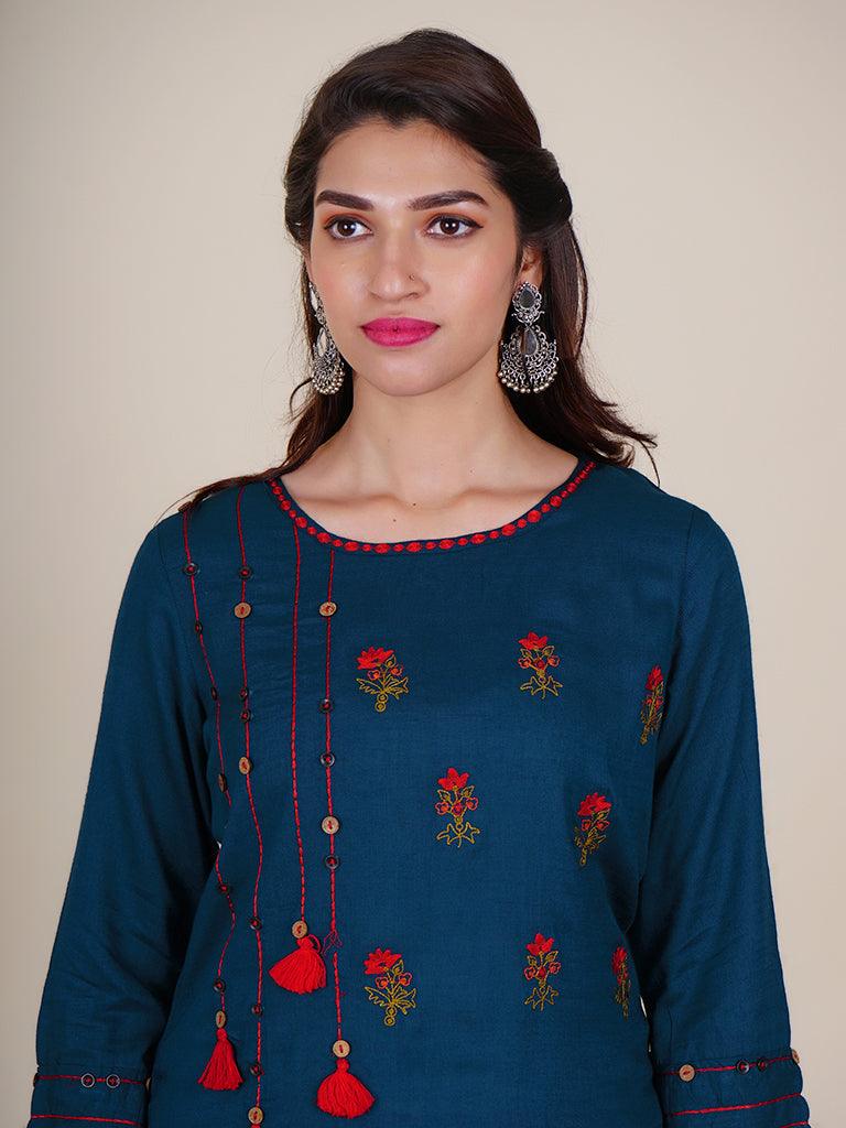 Tasselled Kurti embellished with Resham Work, Metal & Wooden Buttons - Indiakreations