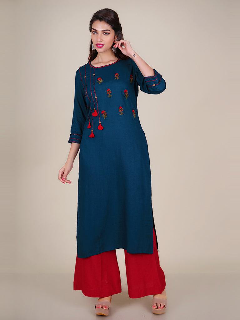 Tasselled Kurti embellished with Resham Work, Metal & Wooden Buttons - Indiakreations