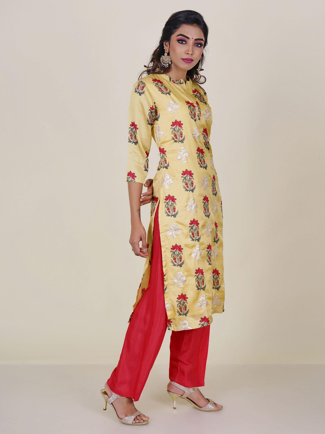 Mughal Floral Print & Embroidered kurti with Pant - Indiakreations