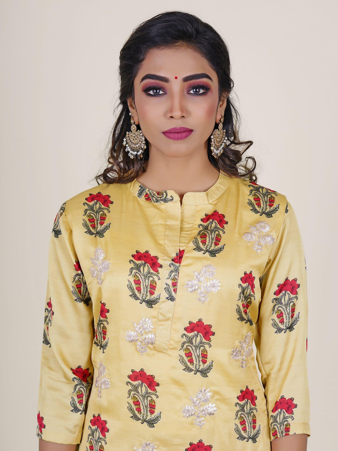 Mughal Floral Print & Embroidered kurti with Pant - Indiakreations