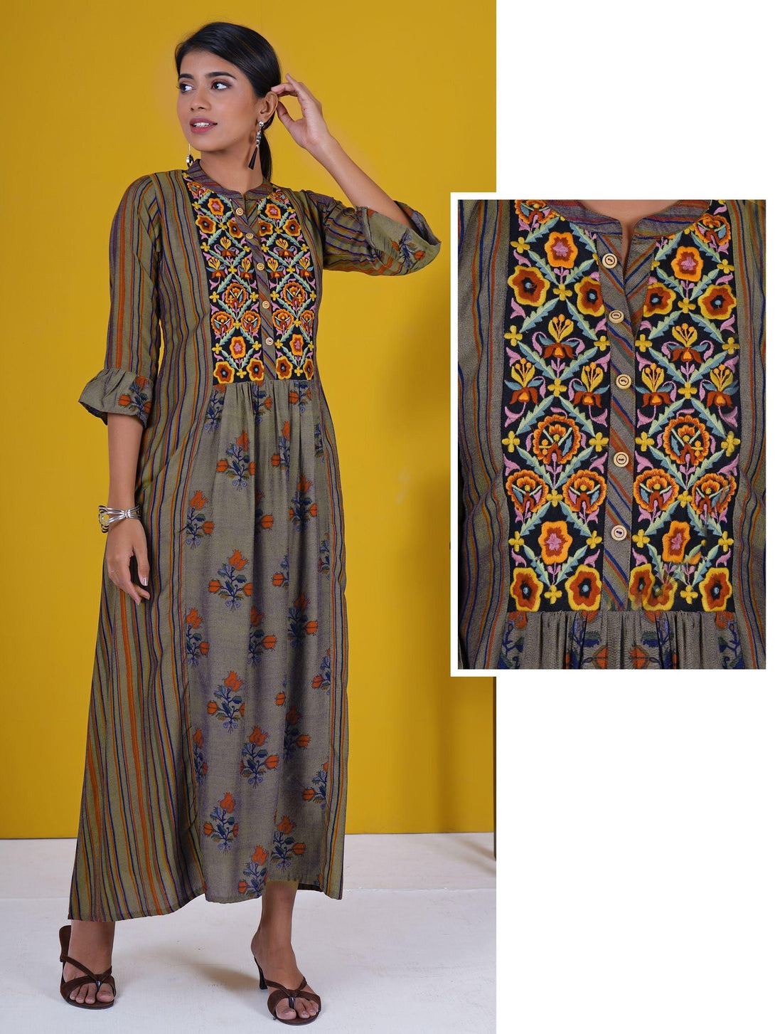 Resham Floral Work Striped Frill Sleeves Panelled Kurti - Mustard Grey - Indiakreations