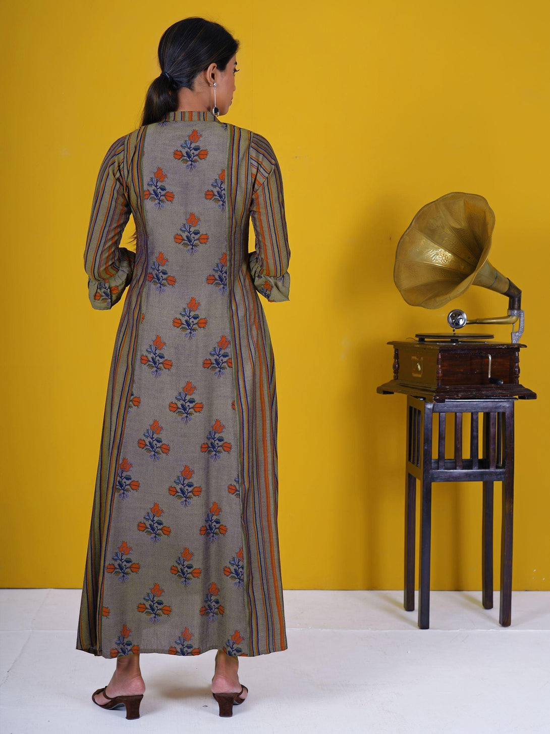 Resham Floral Work Striped Frill Sleeves Panelled Kurti - Mustard Grey - Indiakreations