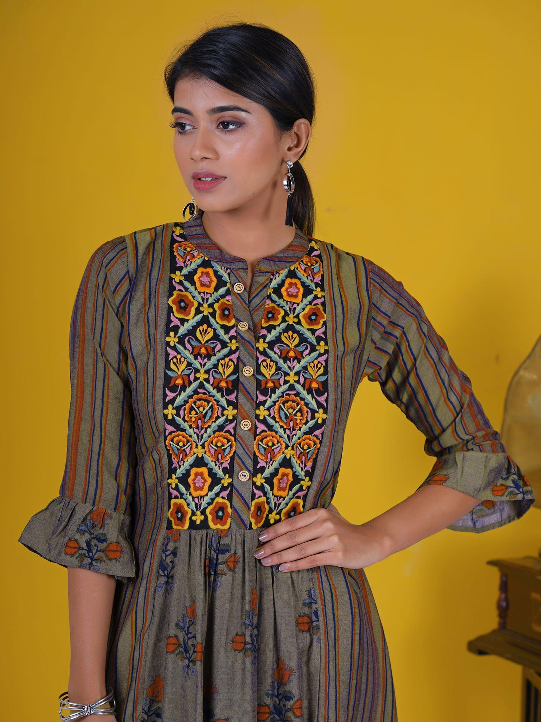 Resham Floral Work Striped Frill Sleeves Panelled Kurti - Mustard Grey - Indiakreations