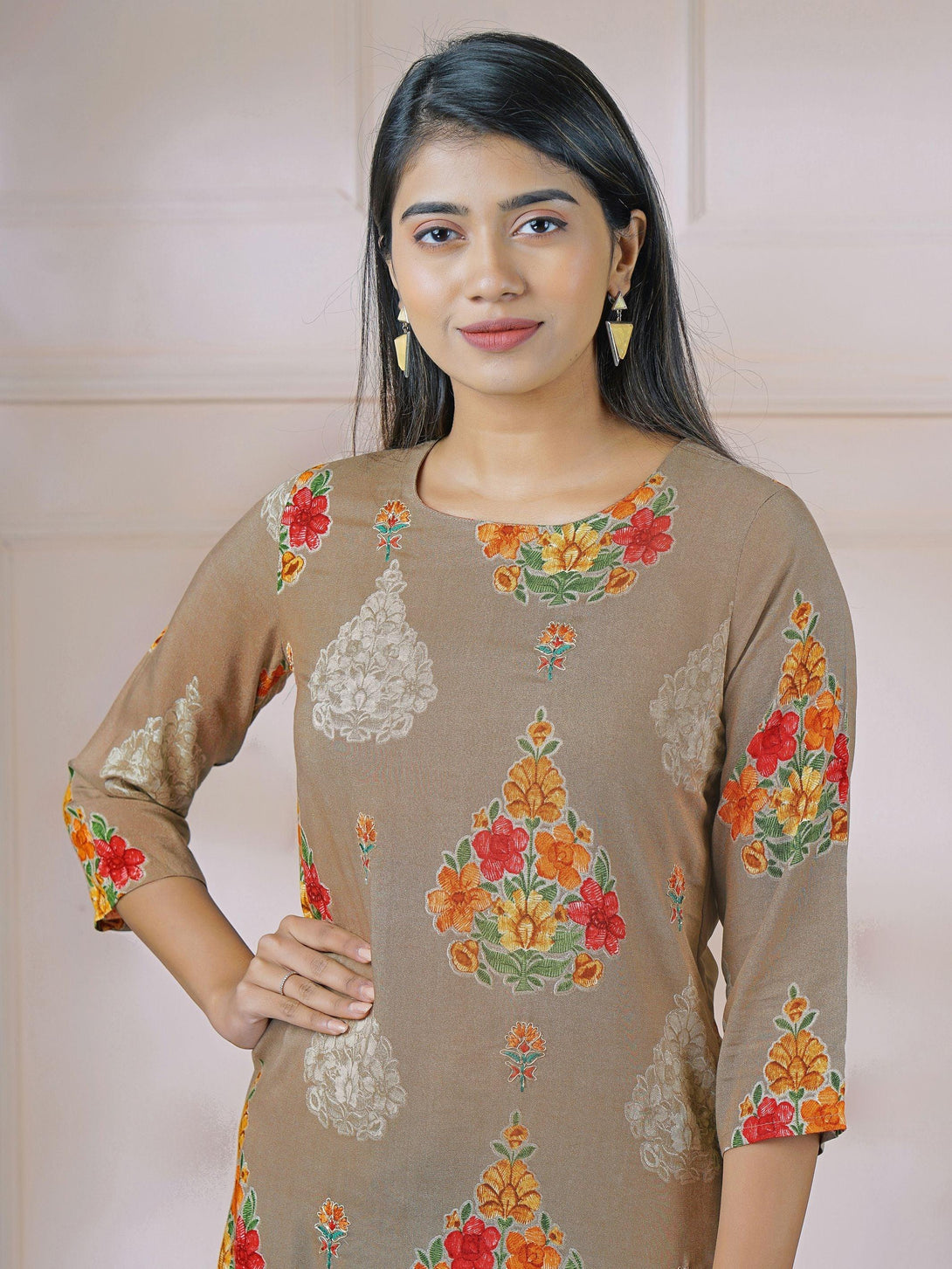 Vibrant Floral Printed & Cord Embroidered Kurti - Indiakreations